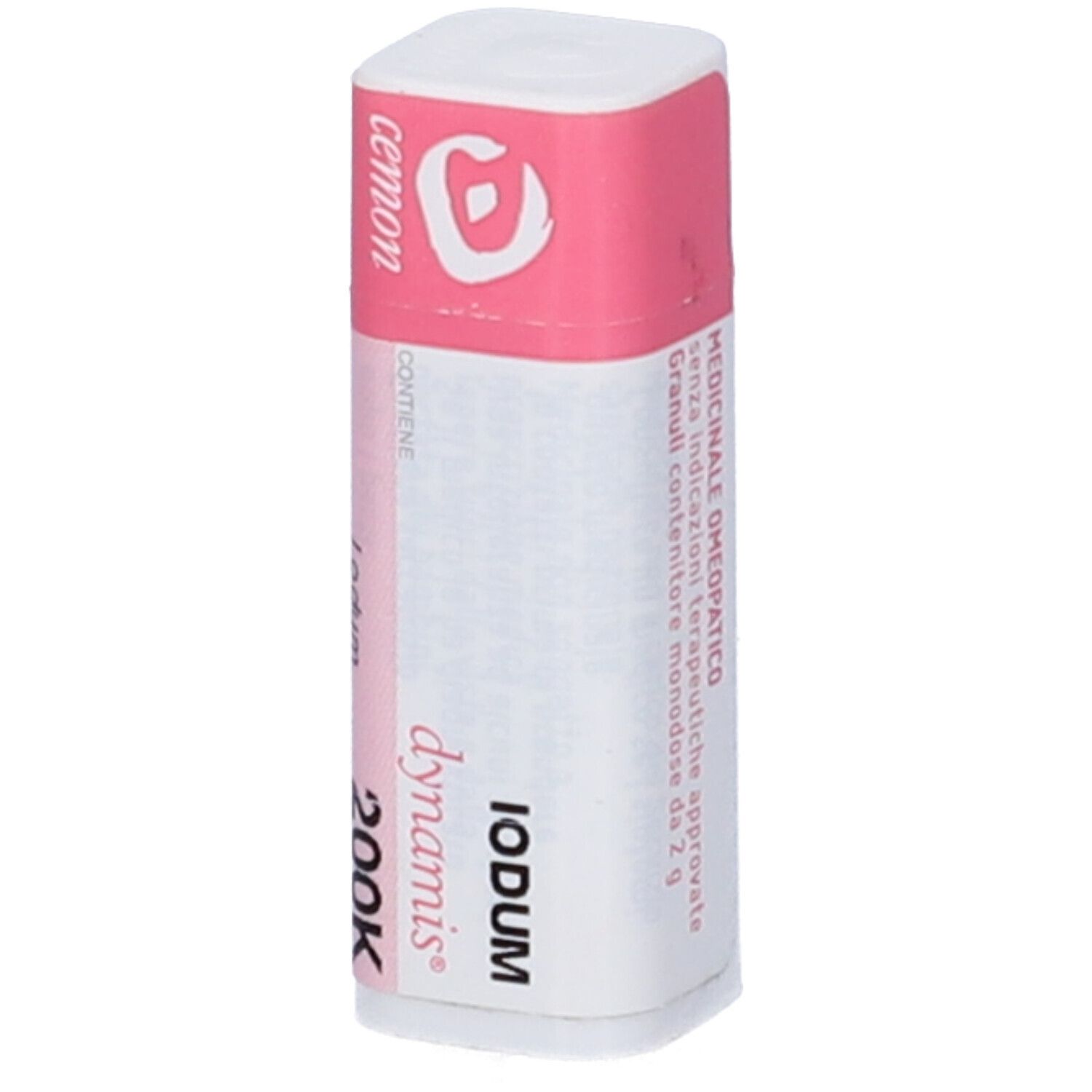 Confezione cilindrica con etichetta rosa e bianca. Scritta: Iodum 200K dynamis, cemon.