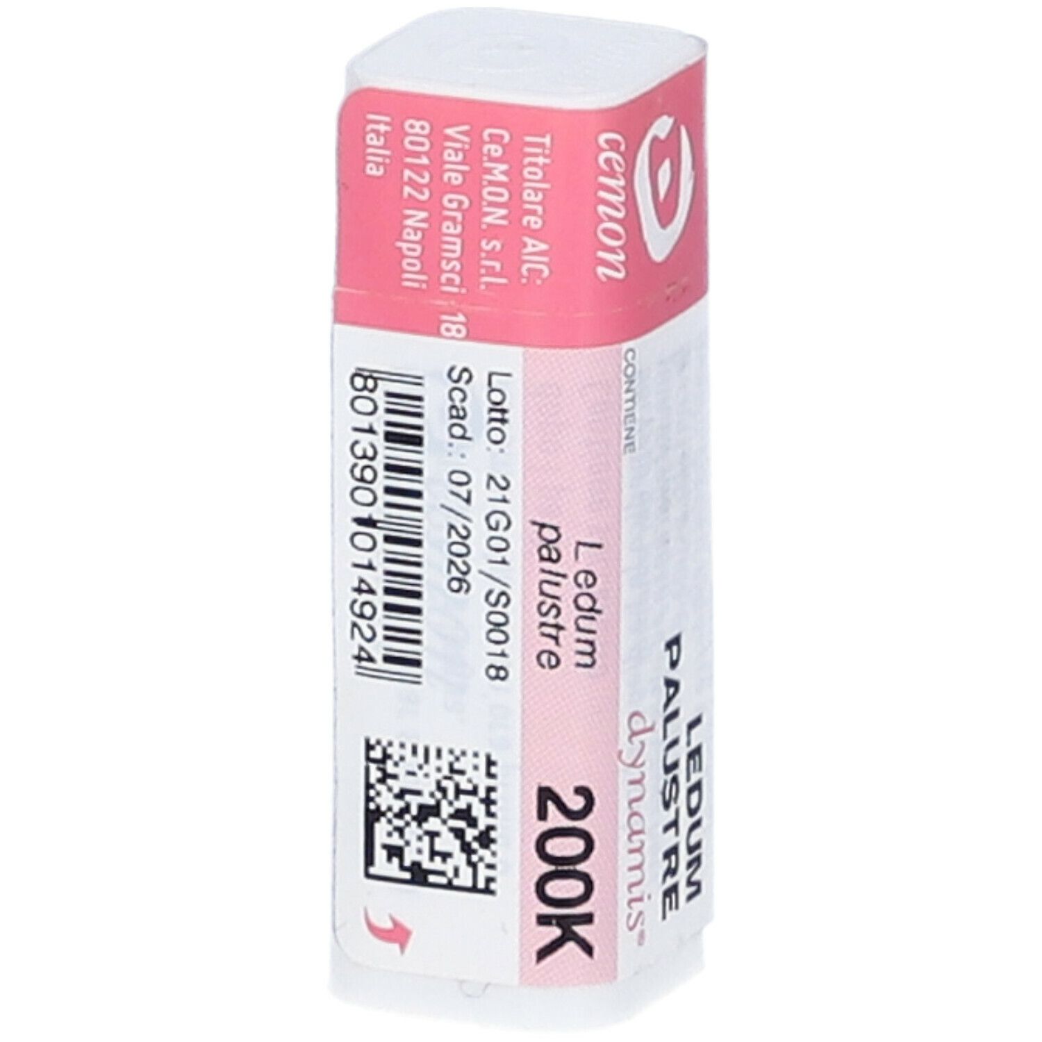 Confezione rettangolare con etichetta rosa. Scritte: LEDUM PALUSTRE 200K, cemon, dynamis. Dettagli e codice a barre.