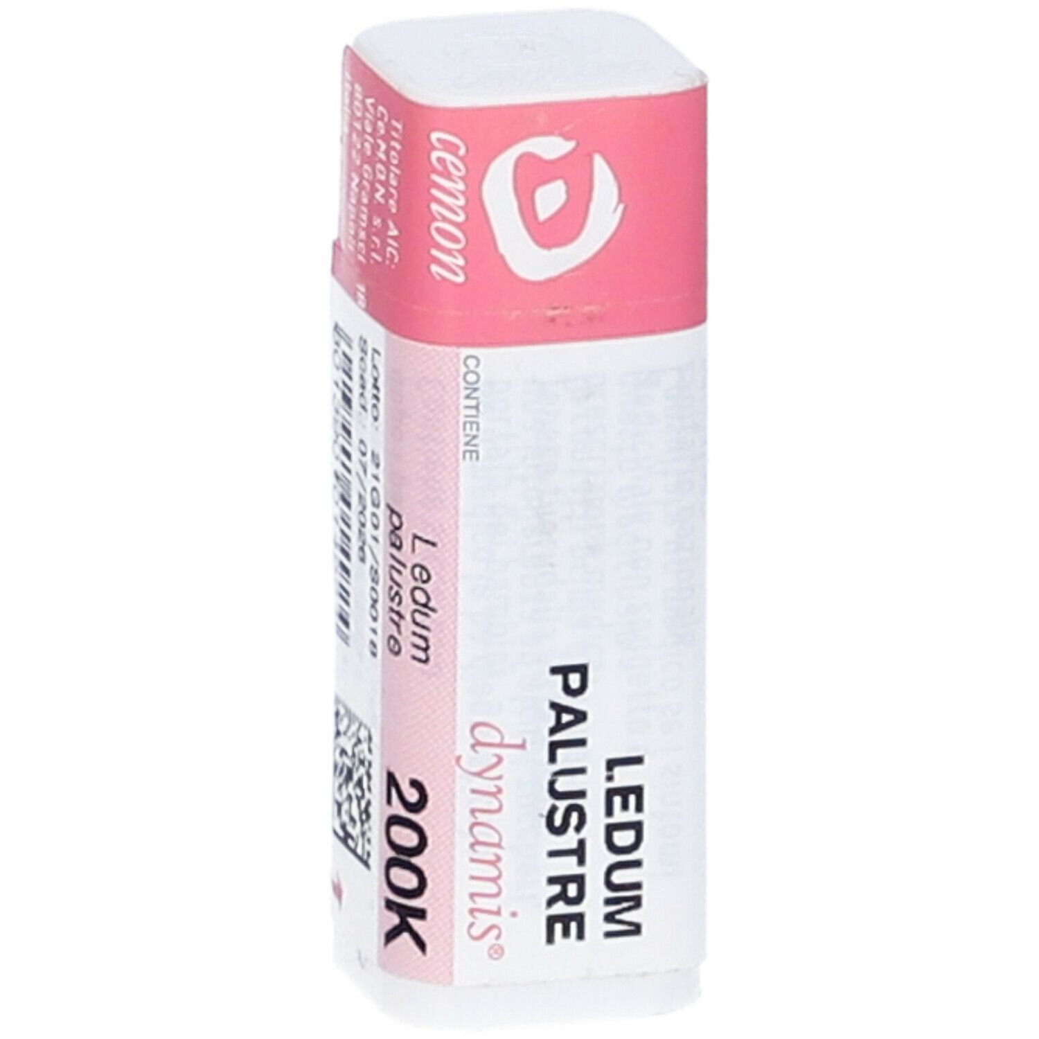 Confezione rettangolare con etichetta rosa. Scritte: LEDUM PALUSTRE 200K, cemon, dynamis. Dettagli e codice a barre.