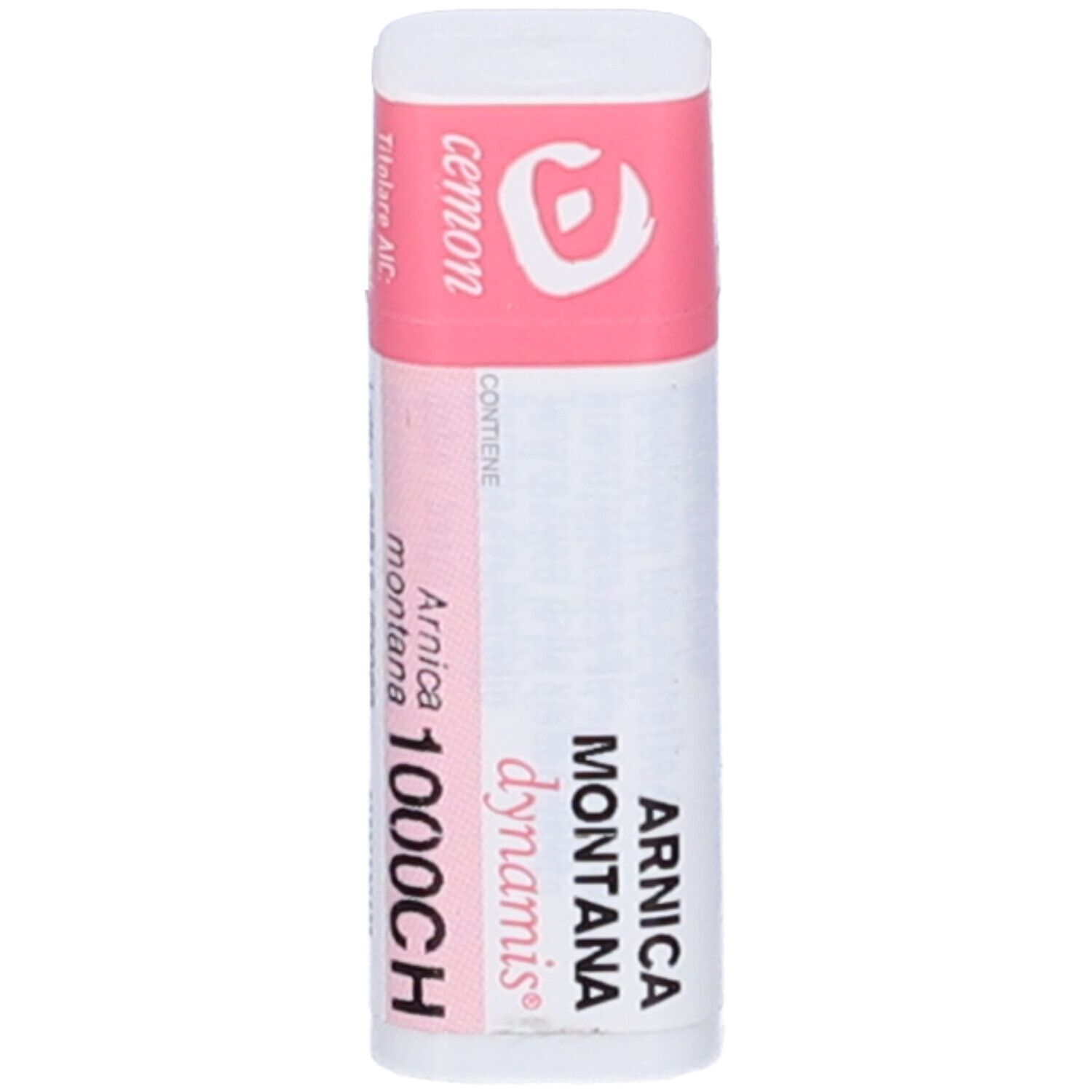 Confezione cilindrica con etichetta rosa e bianca. Testo: Cemon, Arnica Montana 1000CH.