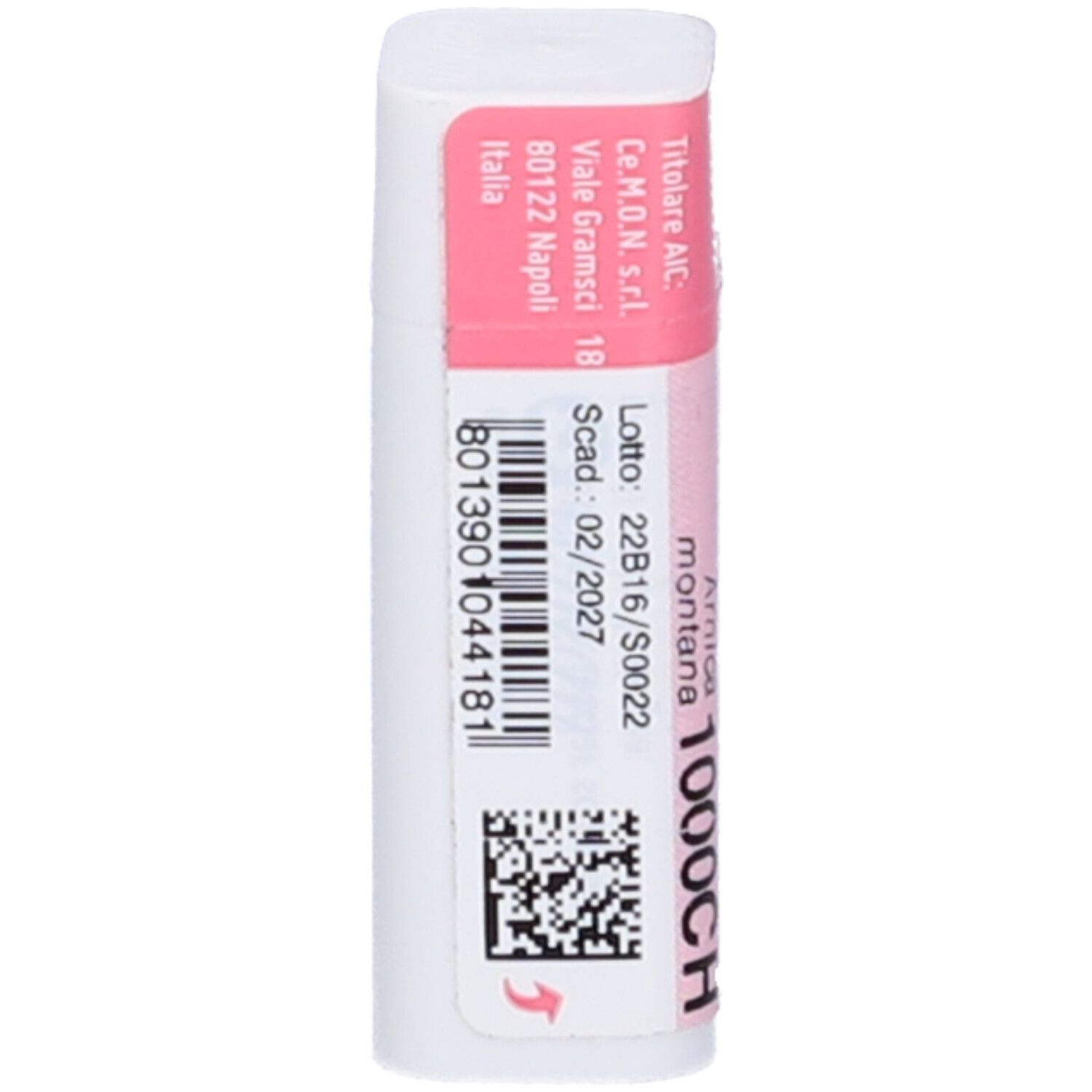Confezione cilindrica con etichetta rosa e bianca. Testo: Cemon, Arnica Montana 1000CH. Codice a barre e scadenza.