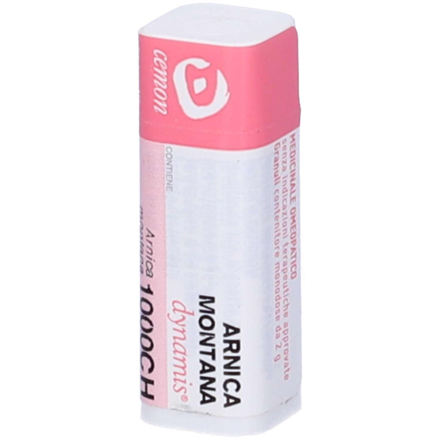 Confezione cilindrica con etichetta rosa e bianca. Testo: Cemon, Arnica Montana 1000CH. Testo aggiuntivo.
