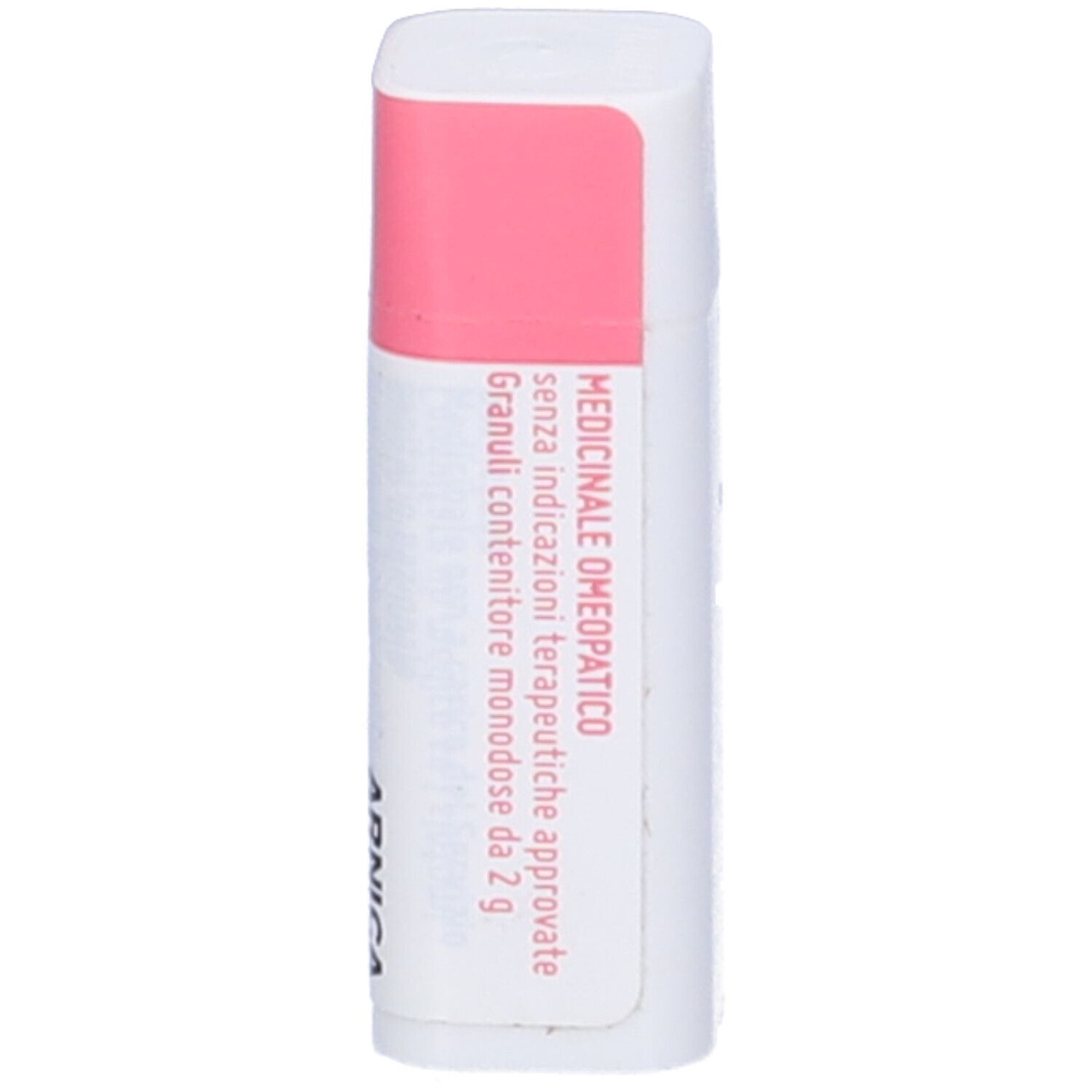 Confezione cilindrica con etichetta rosa e bianca. Testo: Arnica Montana. Testo aggiuntivo.