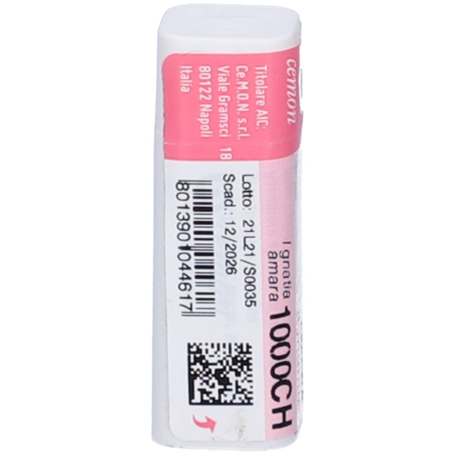 Confezione cilindrica bianca e rosa. Scritta: Ignatia amara 1000CH, Cemon, dettagli.