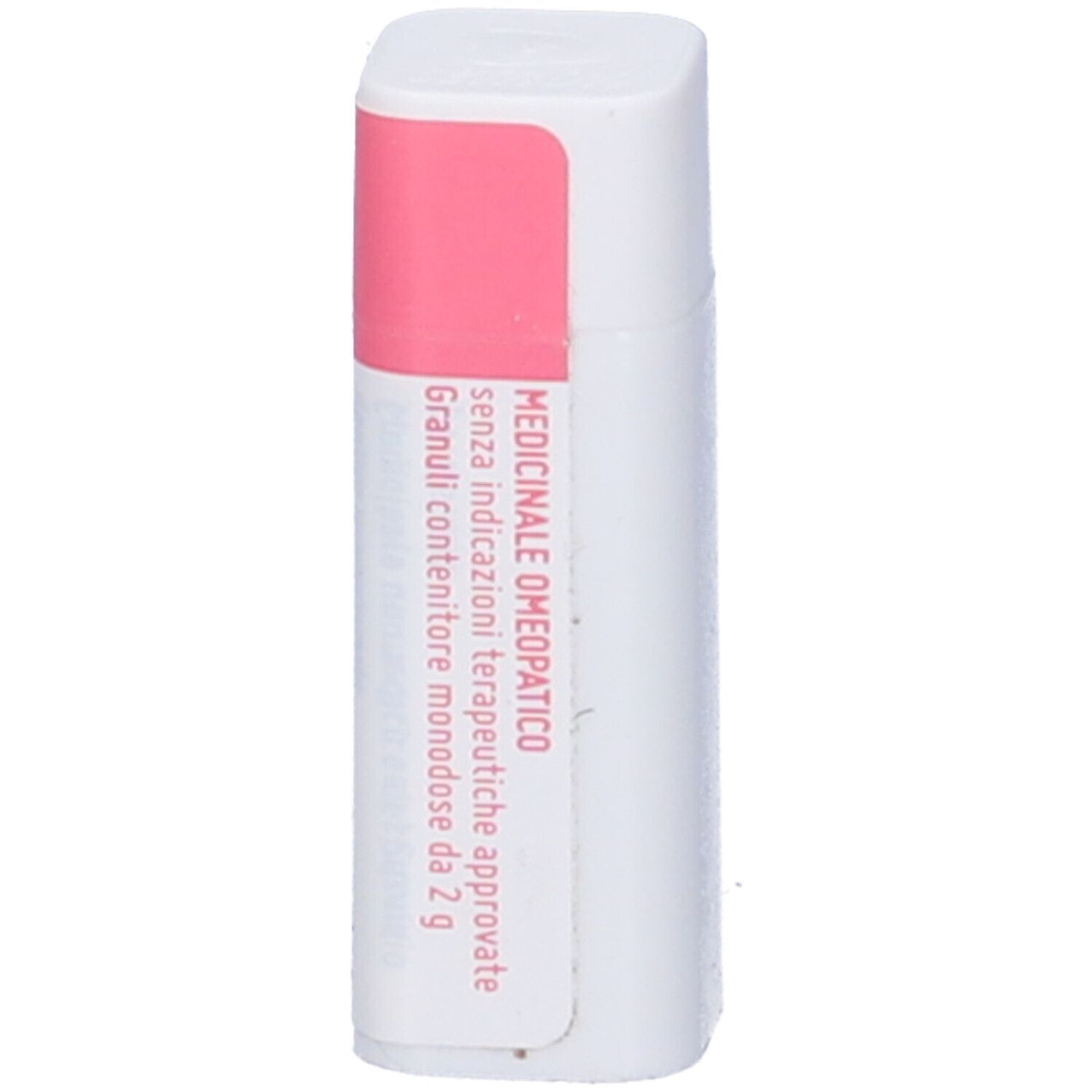 Confezione cilindrica bianca, coperchio rosa. Scritta: Medicinale omeopatico, 2g.