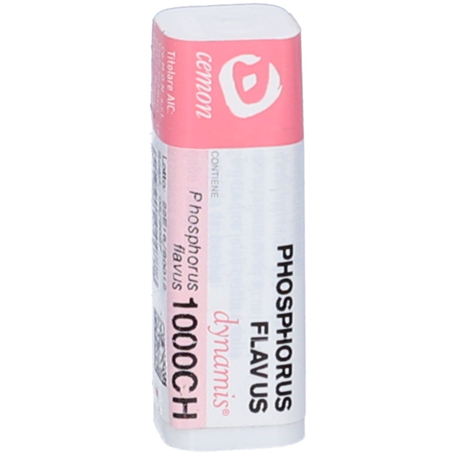 Confezione cilindrica bianca con etichetta rosa. Scritte: Phosphorus Flavus 1000CH, dynamis, cemon.