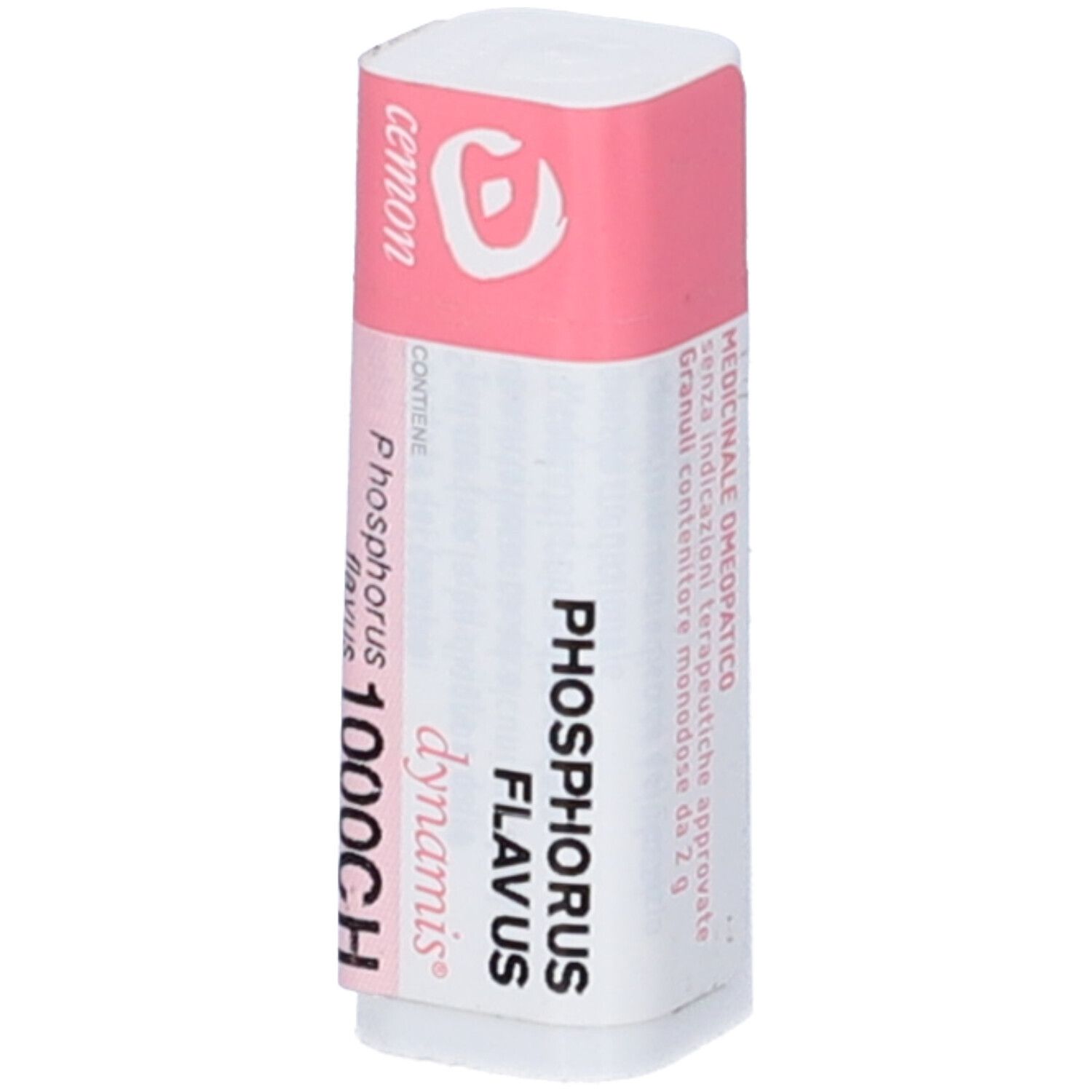 Confezione cilindrica bianca con etichetta rosa. Scritte: Phosphorus Flavus 1000CH, dynamis, cemon.
