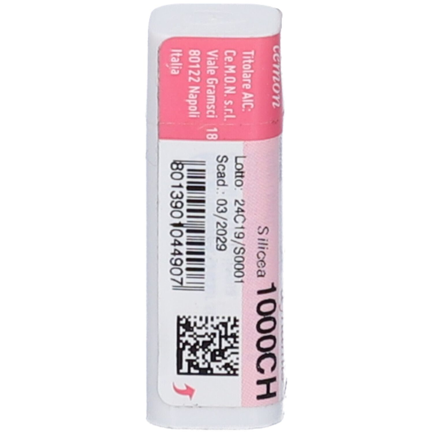 Confezione cilindrica con etichetta rosa e bianca. Scritta: Silicea 1000CH, Lotto, Scad: 03/2029.