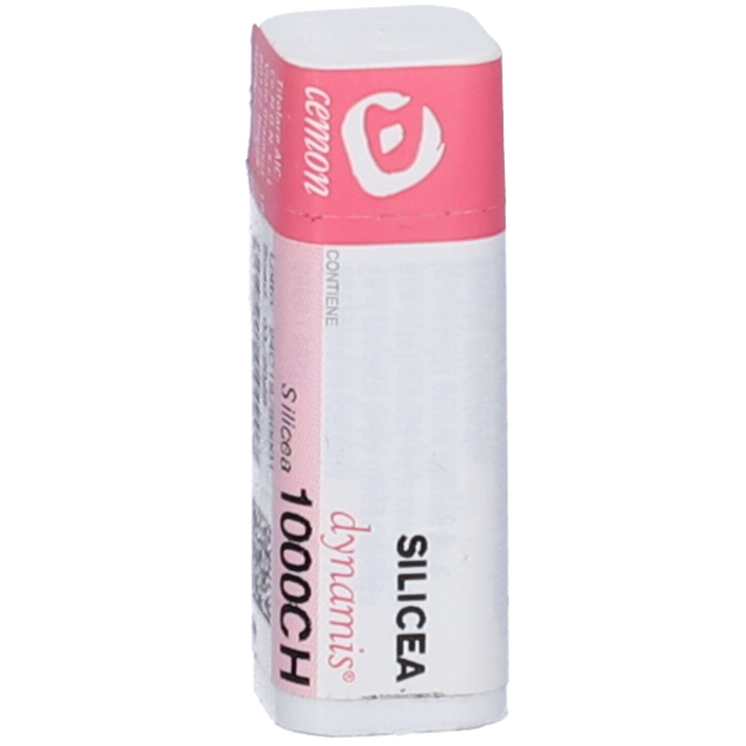 Confezione cilindrica con etichetta rosa e bianca. Scritta: Silicea 1000CH, dynamis, cemon.