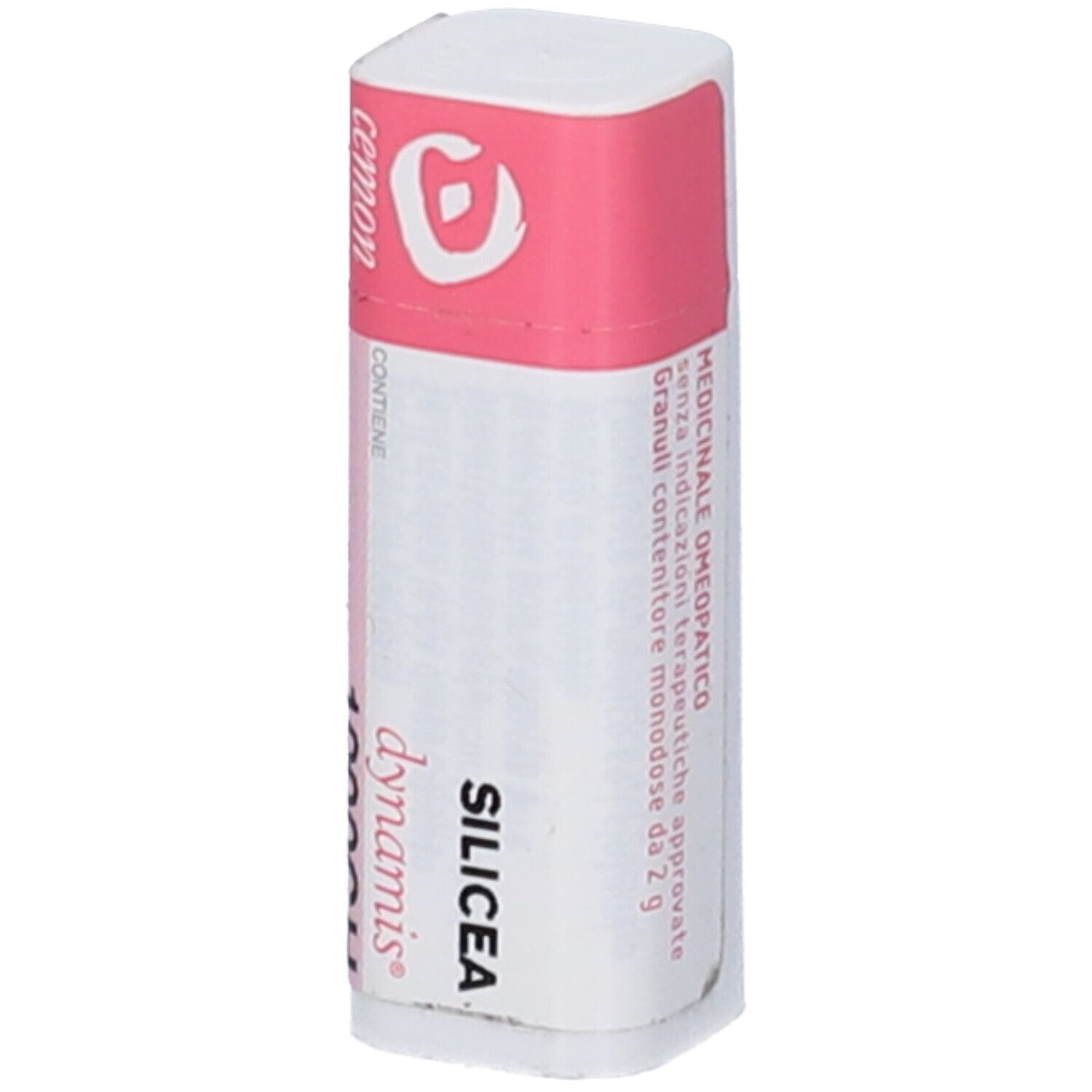 Confezione cilindrica con etichetta rosa e bianca. Scritta: Silicea 1000CH, dynamis, cemon, Medicinale Omeopatico.