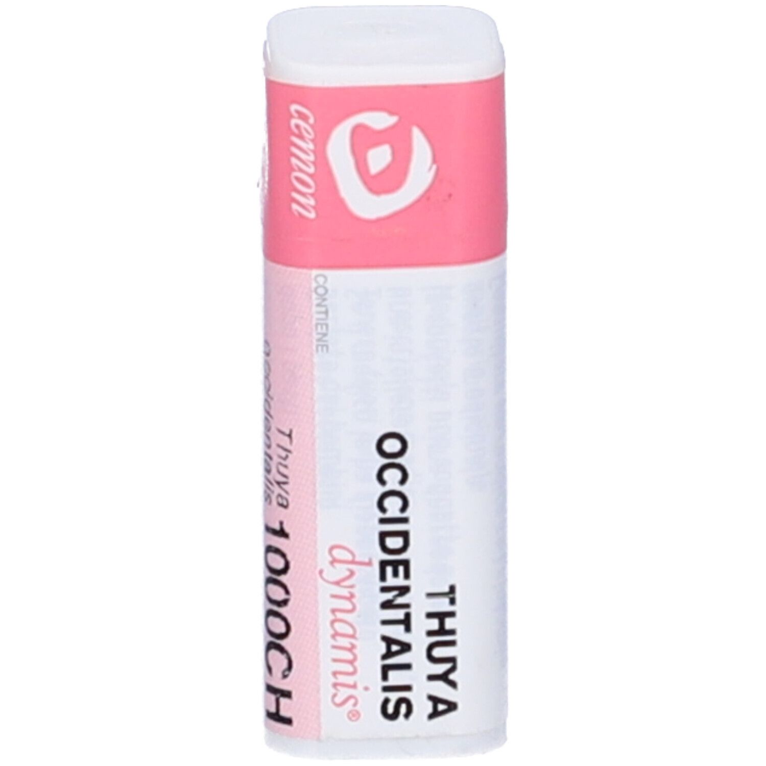 Confezione cilindrica con etichetta rosa e bianca. Scritta: Cemon, Thuya occidentalis 1000CH.