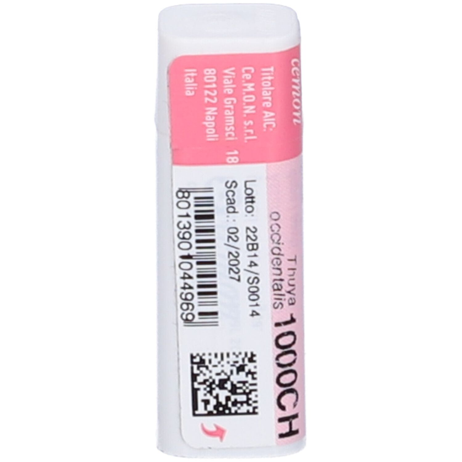 Confezione cilindrica con etichetta rosa e bianca. Scritta: Cemon, Thuya occidentalis 1000CH, lotto e scadenza.