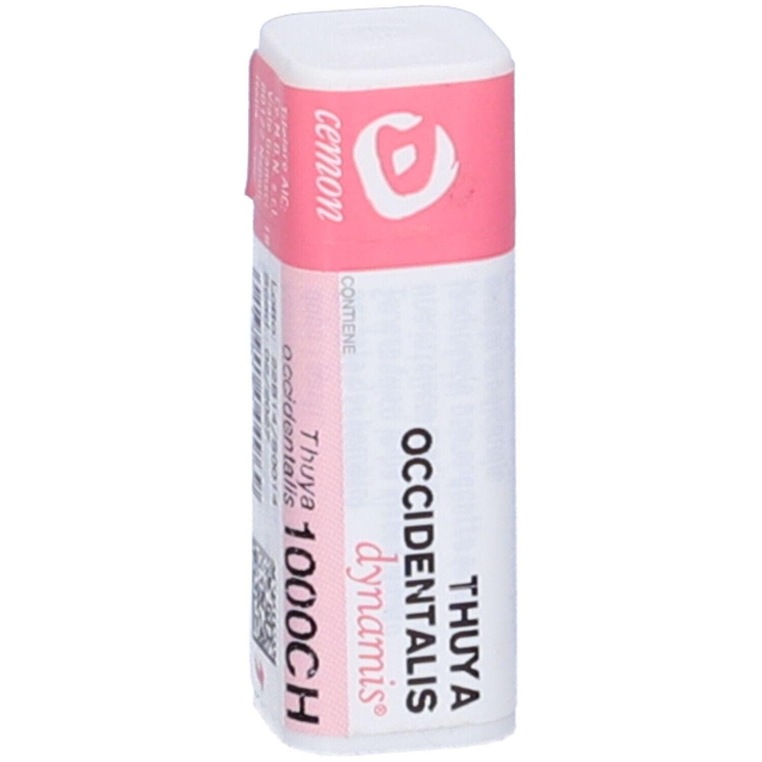 Confezione cilindrica con etichetta rosa e bianca. Scritta: Cemon, Thuya occidentalis 1000CH.