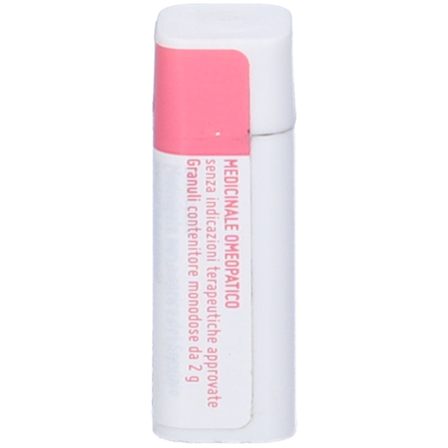 Confezione cilindrica con etichetta rosa e bianca. Scritta: medicinale omeopatico, Granuli.