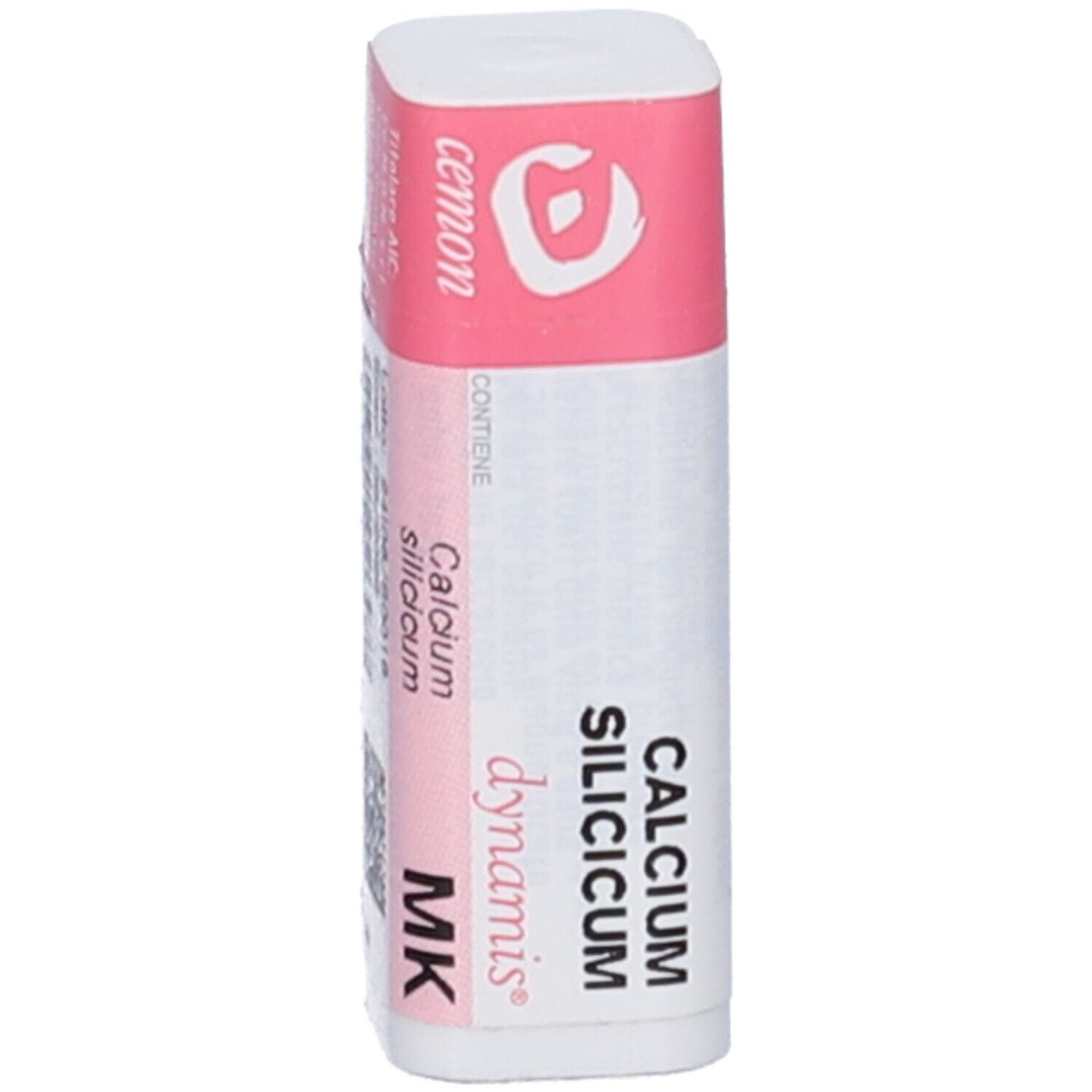 Confezione cilindrica con etichetta rosa e bianca. Scritta: Calcium Silicicum MK, dynamis, cemon.