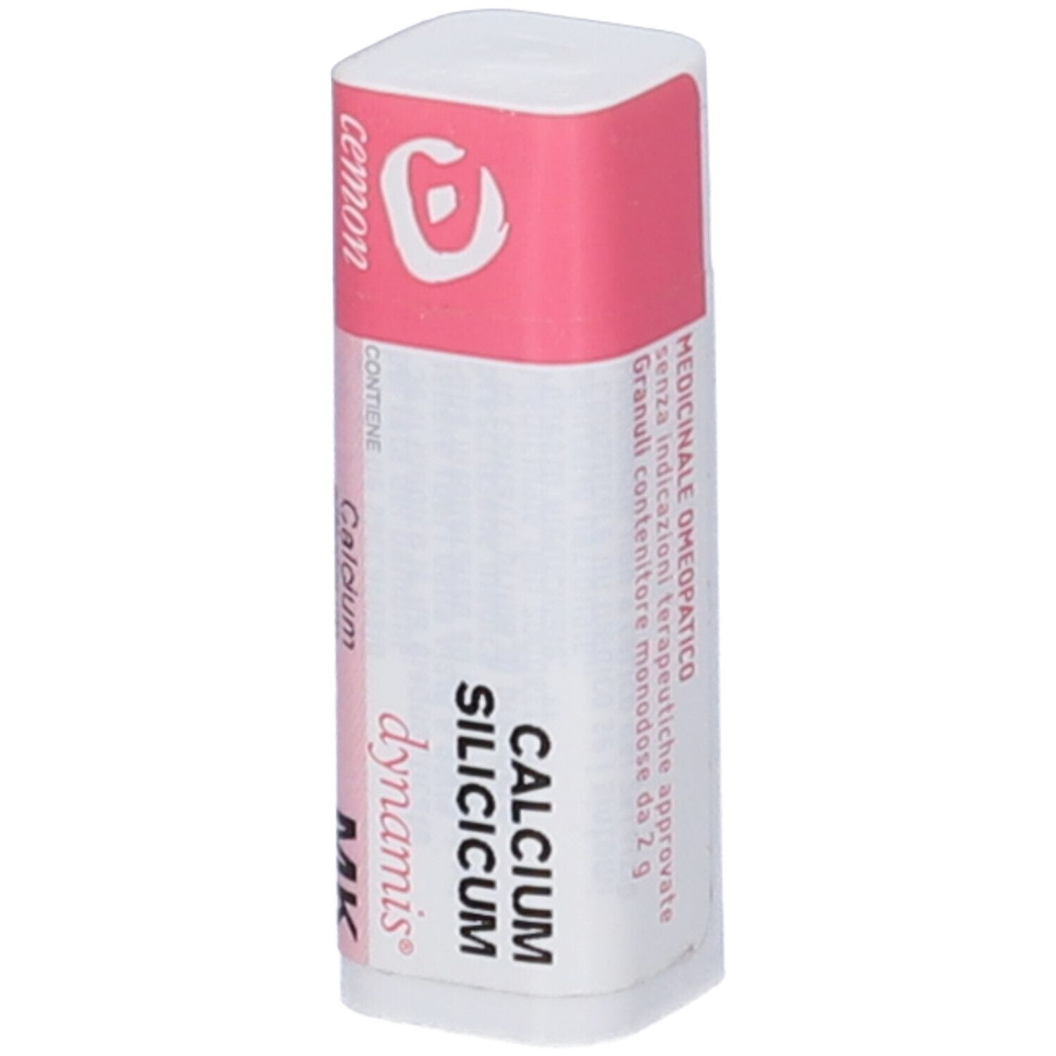 Confezione cilindrica con etichetta rosa e bianca. Scritta: Calcium Silicicum, cemon, mediciniale omeopatico.