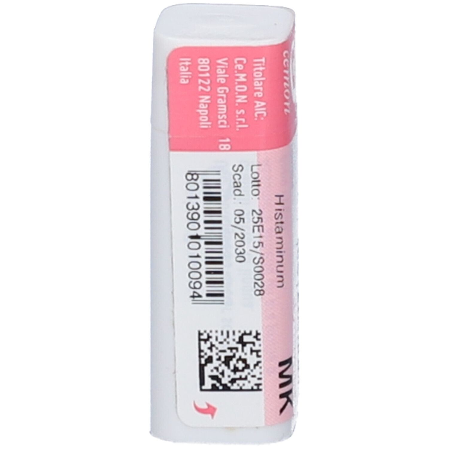 Medicinale omeopatico Histaminum MK in un tubetto bianco con etichetta rosa.