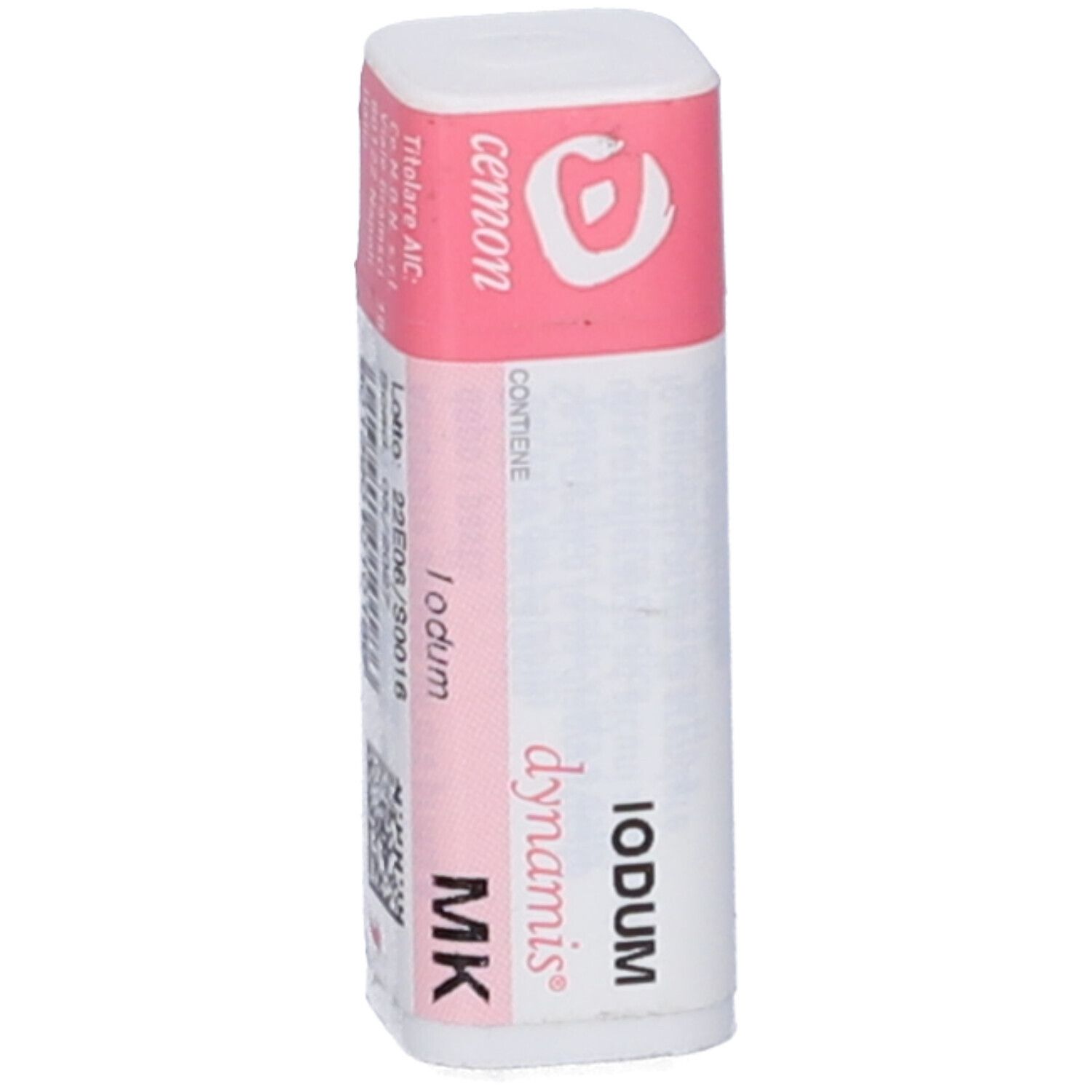 Confezione cilindrica con etichetta rosa e bianca. Testo: Iodum dynamis MK, cemon, contiene.