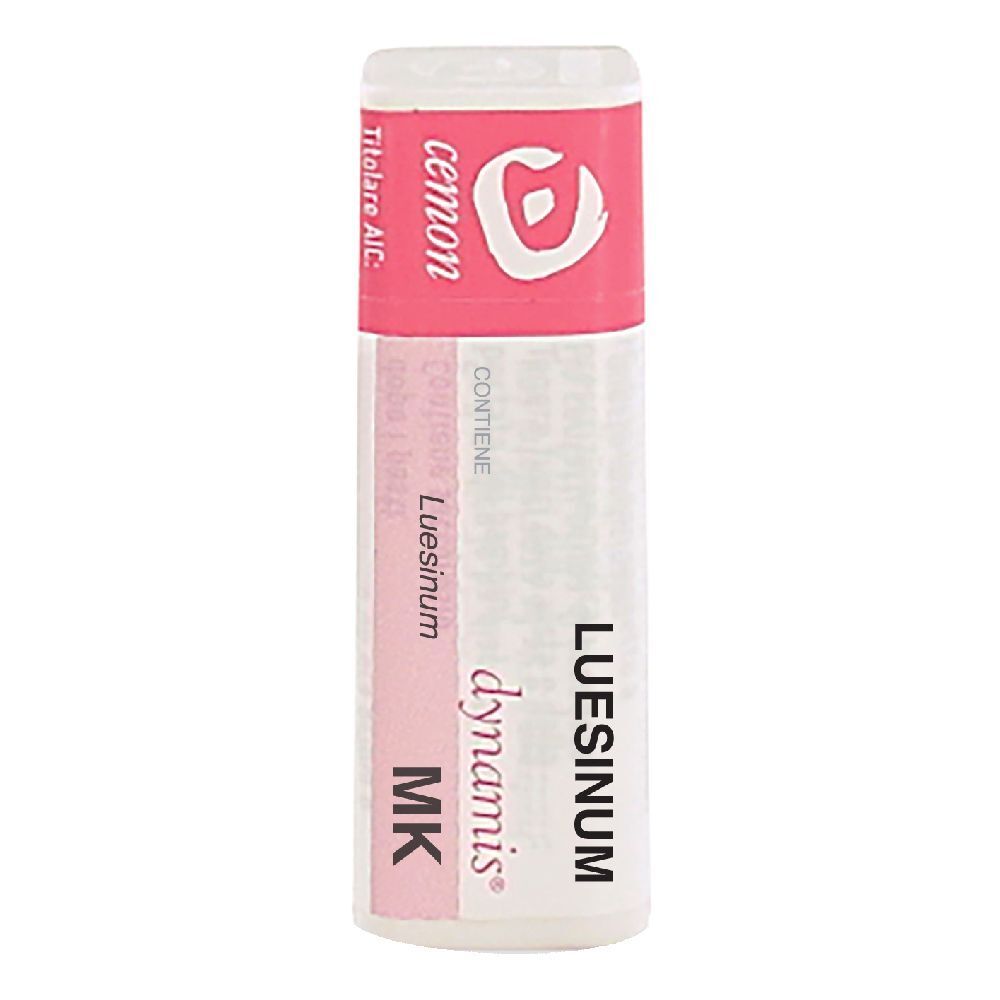 Confezione cilindrica con etichetta rosa e bianca. Contiene Luesinum dynamis MK Globuli di Cemon.