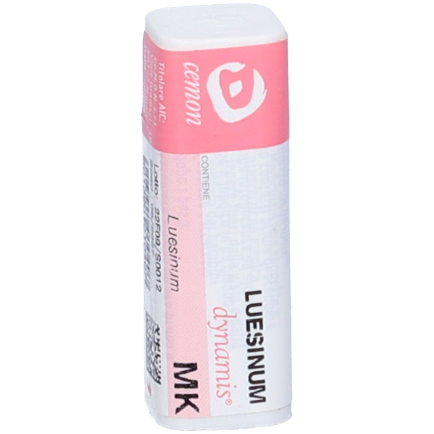 Confezione cilindrica con etichetta rosa e bianca. Contiene Luesinum dynamis MK Globuli di Cemon.