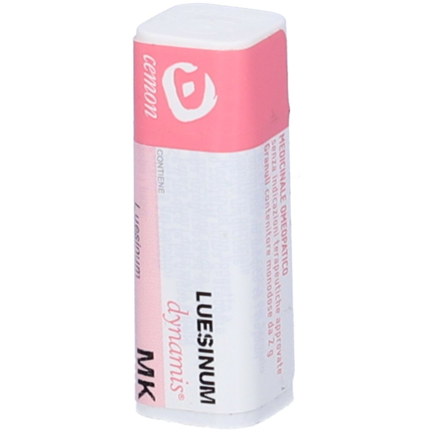 Confezione cilindrica con etichetta rosa e bianca. Contiene Luesinum dynamis MK Globuli di Cemon.