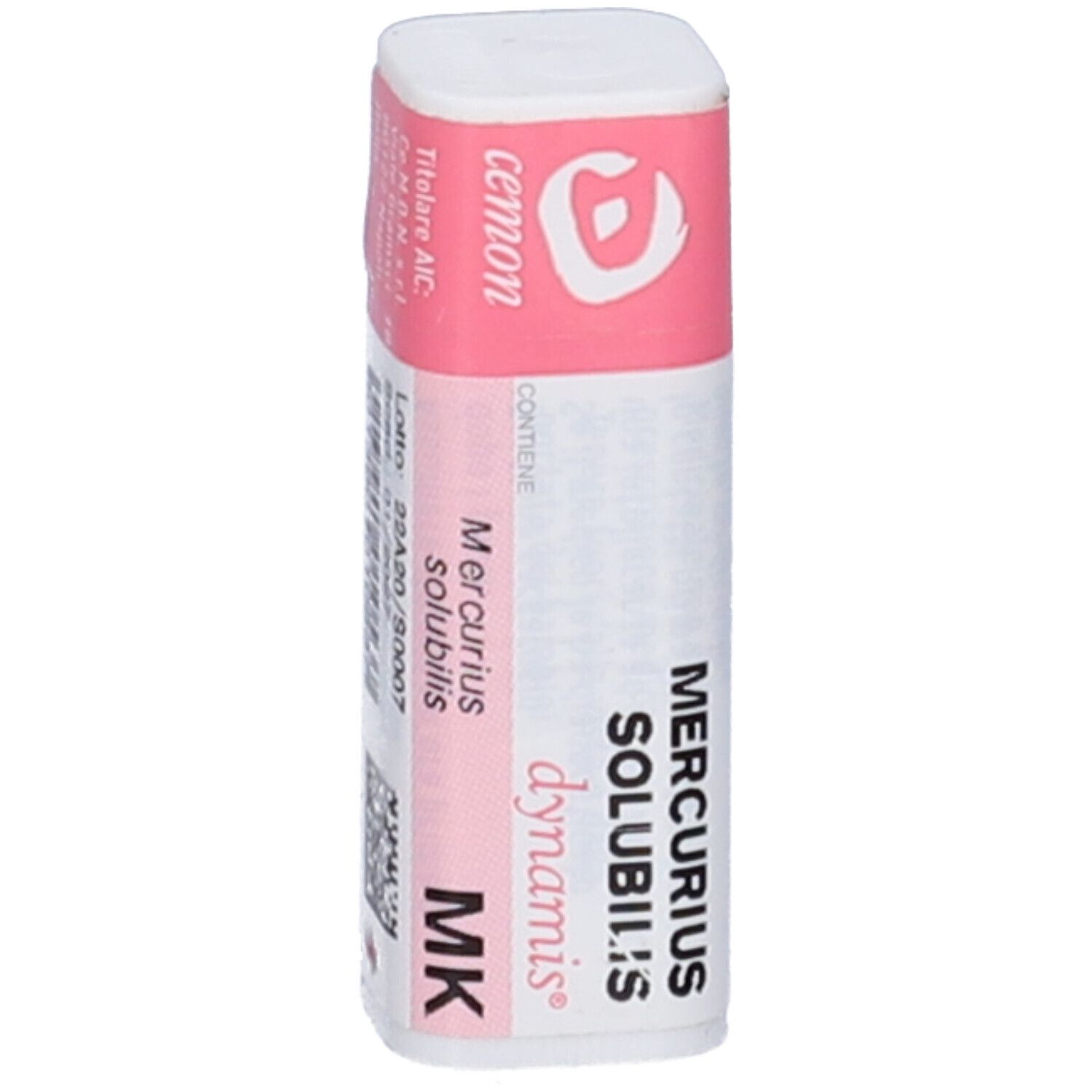 Confezione cilindrica con etichetta rosa e bianca. Testo: Mercurius Solubilis dynamis MK. Logo: Cemon.