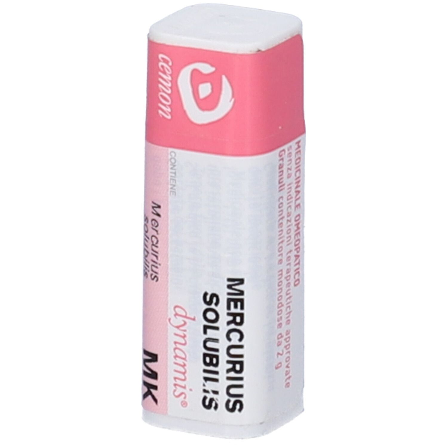 Confezione cilindrica con etichetta rosa e bianca. Testo: Mercurius Solubilis dynamis MK. Logo: Cemon. Informazioni aggiuntive.
