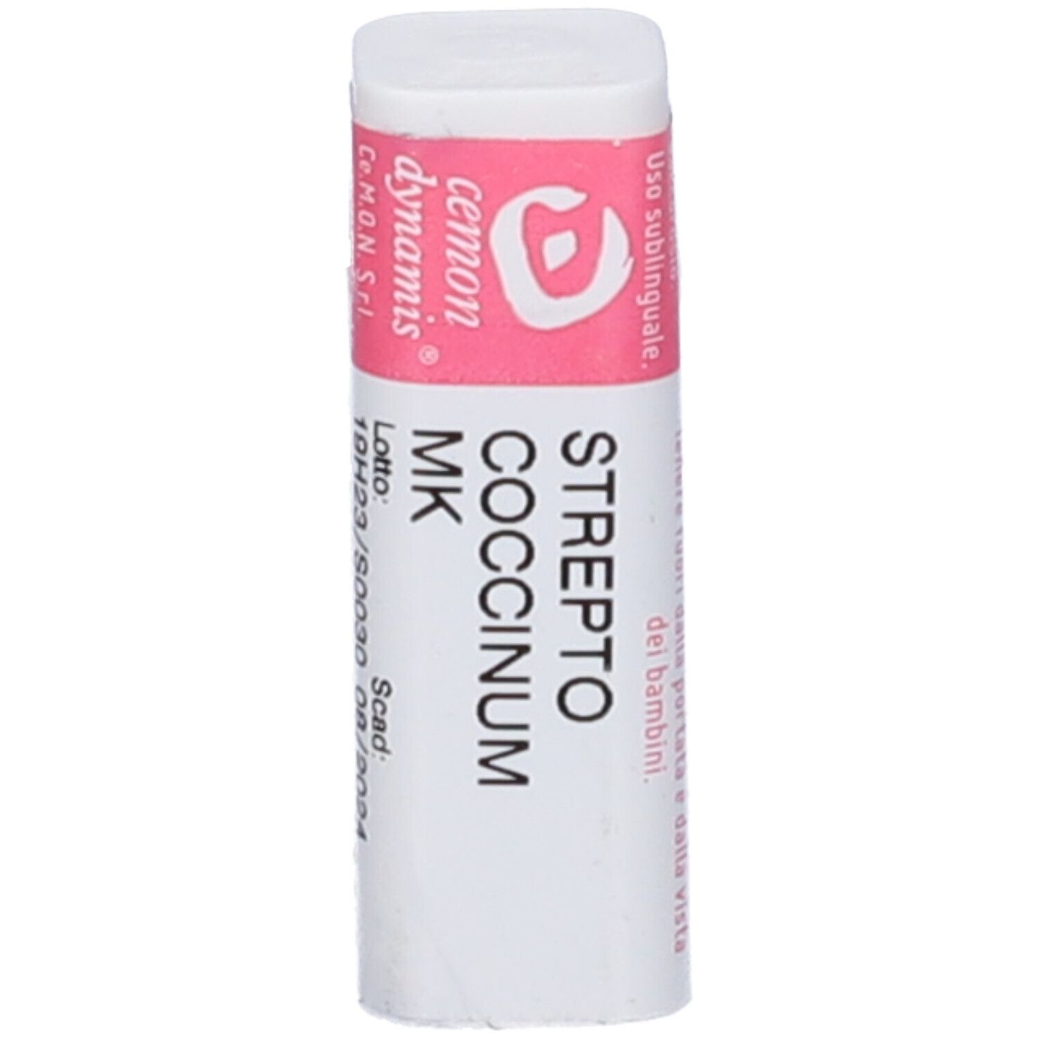 Confezione cilindrica bianca con etichetta rosa. Scritta: STREPTO COCCINUM MK. Marchio: cemon dynamis.
