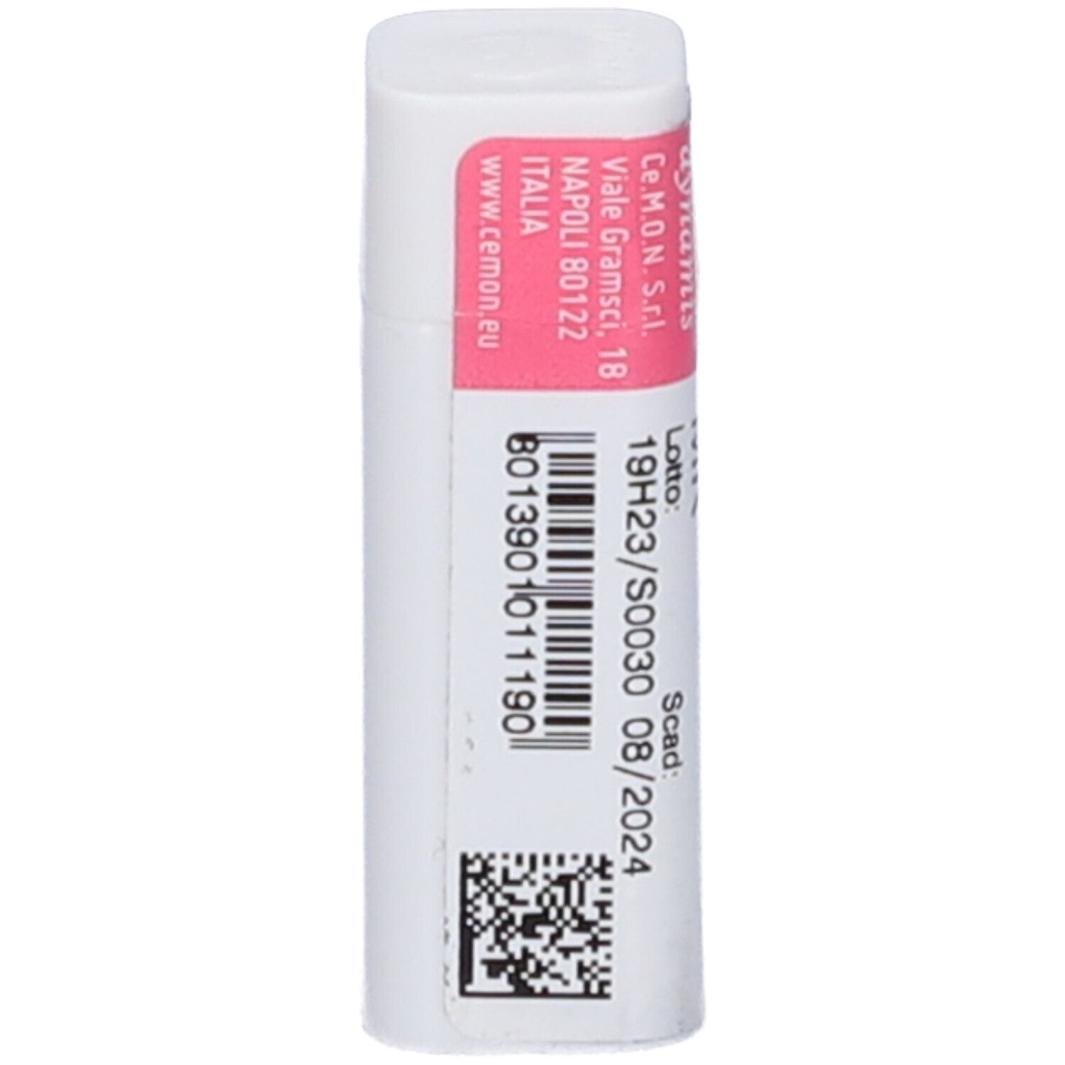 Confezione cilindrica bianca con etichetta rosa. Scritta: cemon dynamis. Codice QR e numero di lotto.