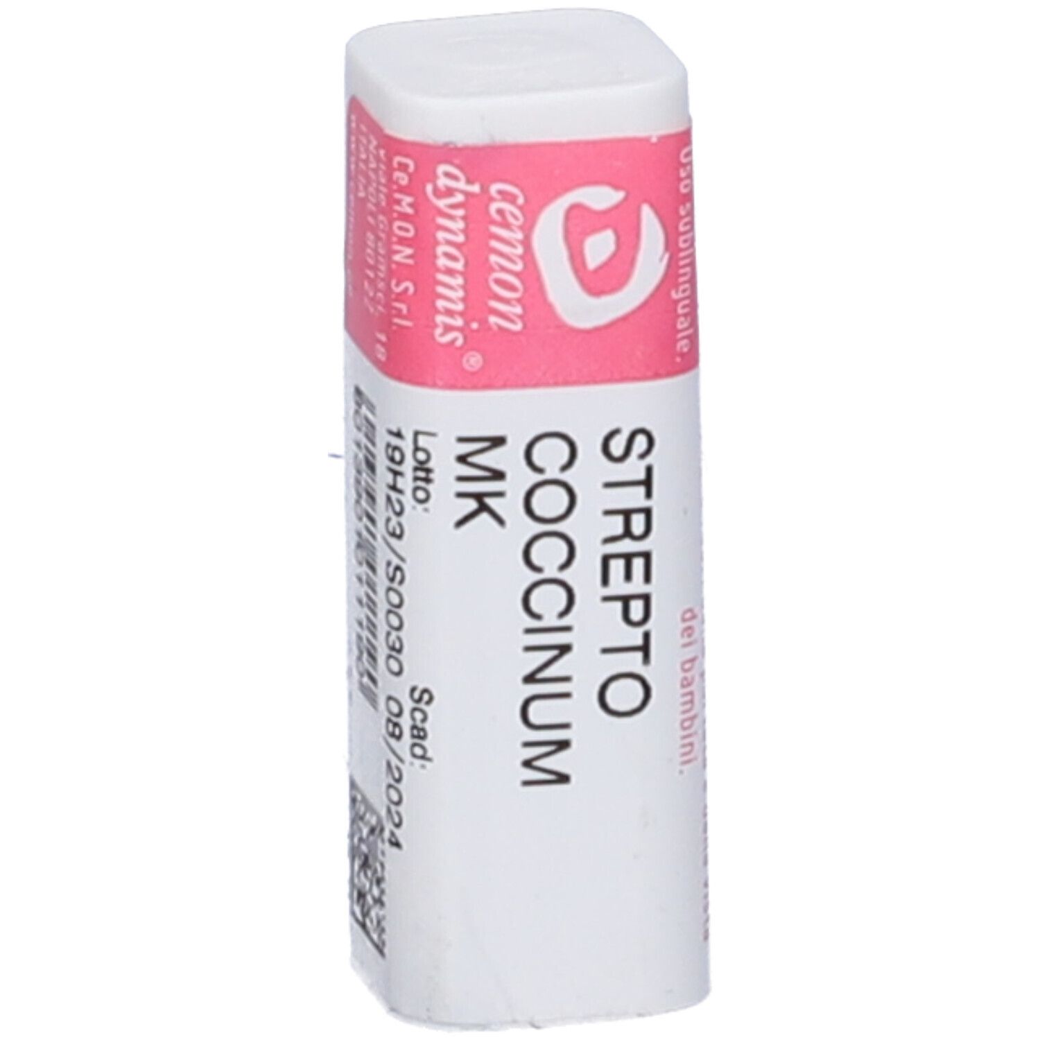 Confezione cilindrica bianca con etichetta rosa. Scritta: STREPTO COCCINUM MK. Marchio: cemon dynamis.