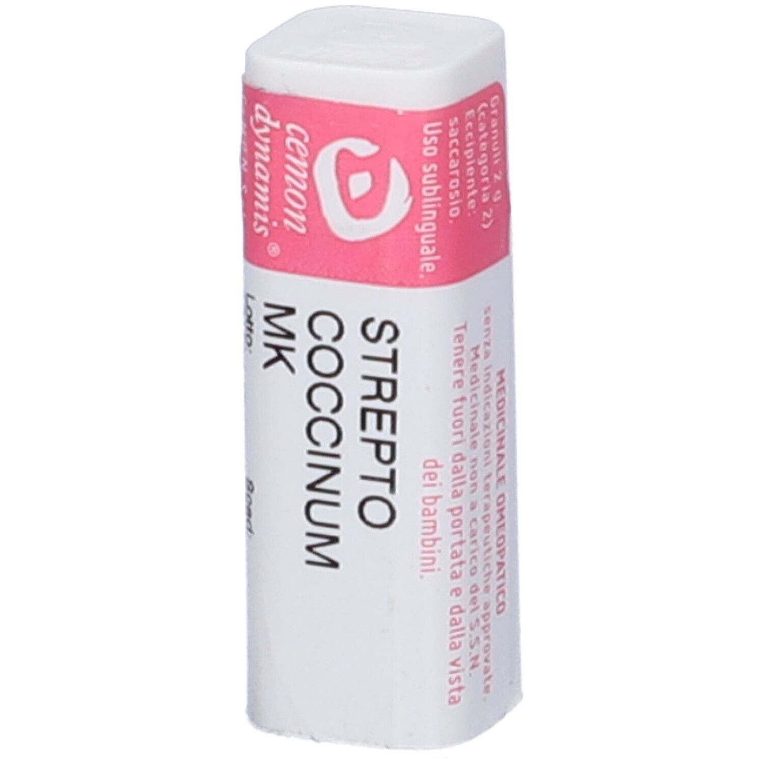 Confezione cilindrica bianca con etichetta rosa. Scritta: STREPTO COCCINUM MK. Marchio: cemon dynamis.