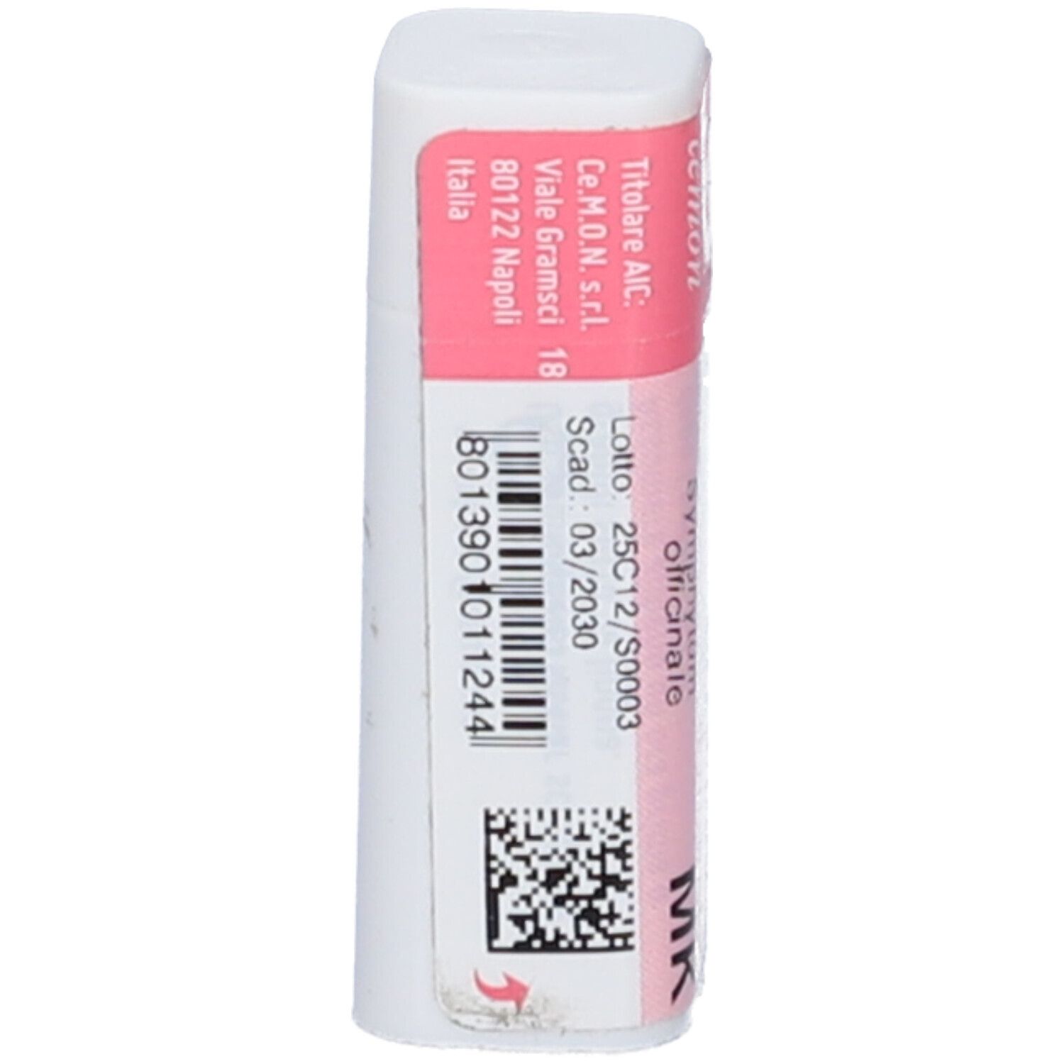 Confezione cilindrica bianca con fascia rosa. Scritte: Codice a barre, numero di lotto, data di scadenza, indirizzo.