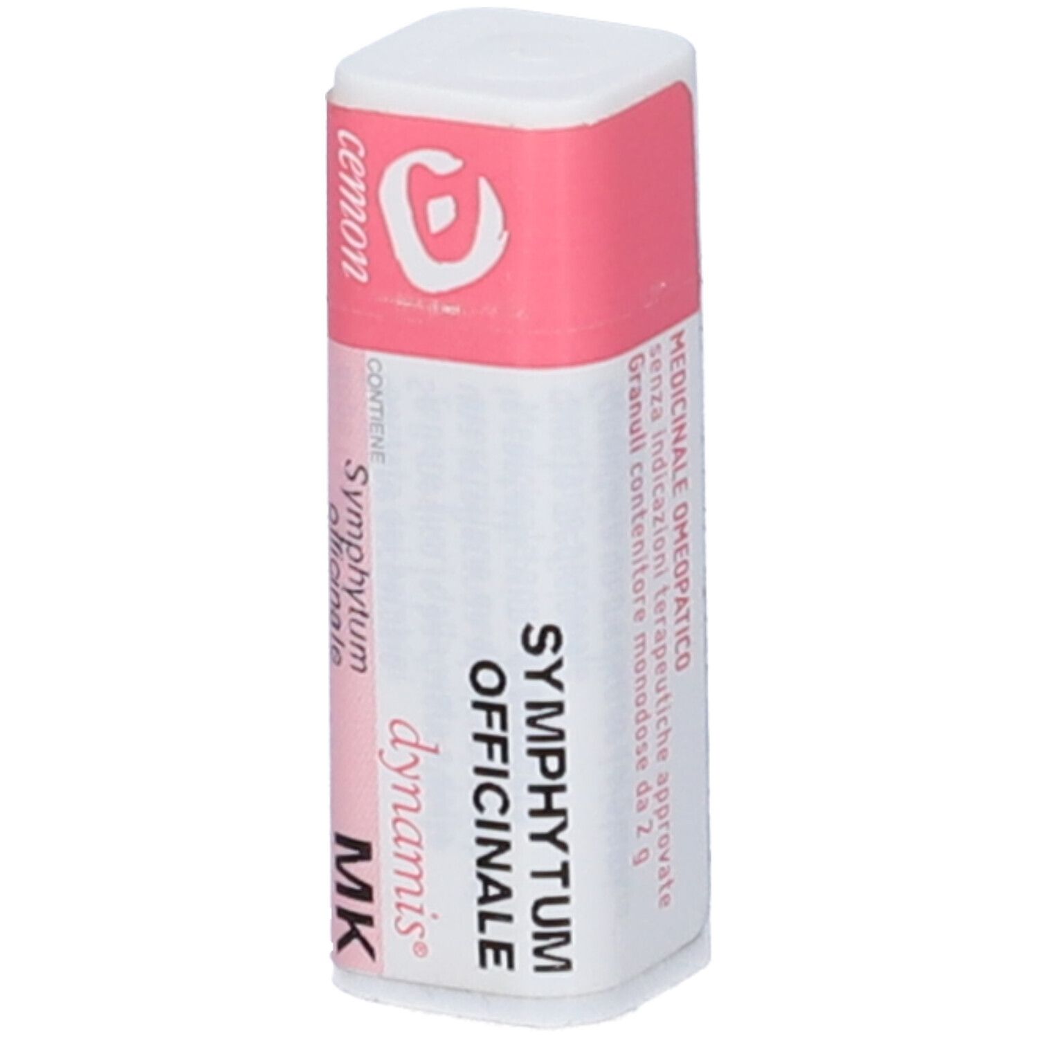 Confezione cilindrica bianca con fascia rosa. Scritta: Symphytum Officinale, MK, dynamis, cemon, medico.