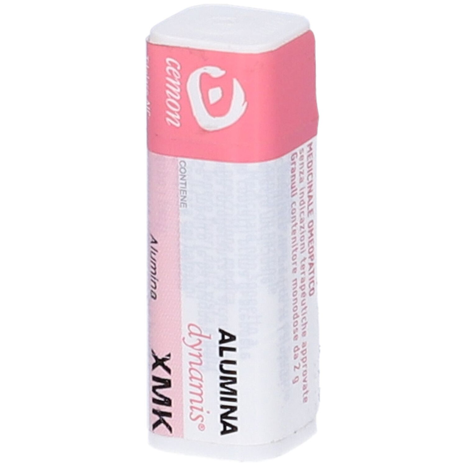 Confezione rettangolare bianca con coperchio rosa. Scritte: cemon, Alumina XMK, dynamis. Testo in italiano.