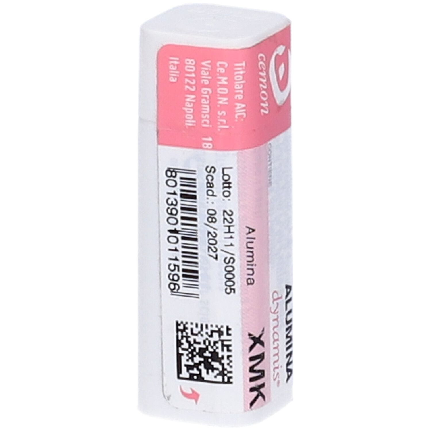 Confezione rettangolare bianca con coperchio rosa. Scritte: cemon, Alumina XMK, dynamis. Etichetta con testo e codice a barre.