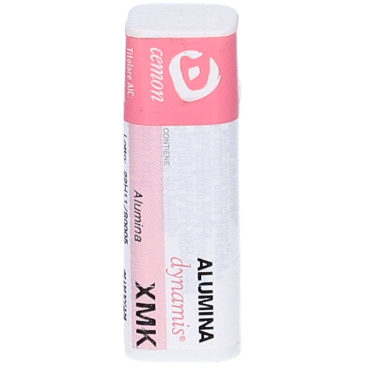Confezione cilindrica bianca con coperchio rosa. Scritte: cemon, dynamis, Alumina XMK.