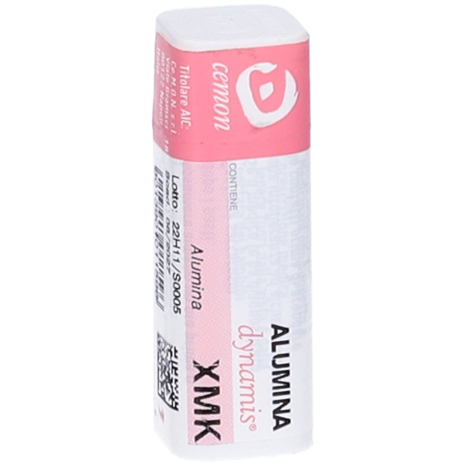 Confezione rettangolare bianca con coperchio rosa. Scritte: cemon, Alumina XMK, dynamis. Etichetta con testo e codice a barre.