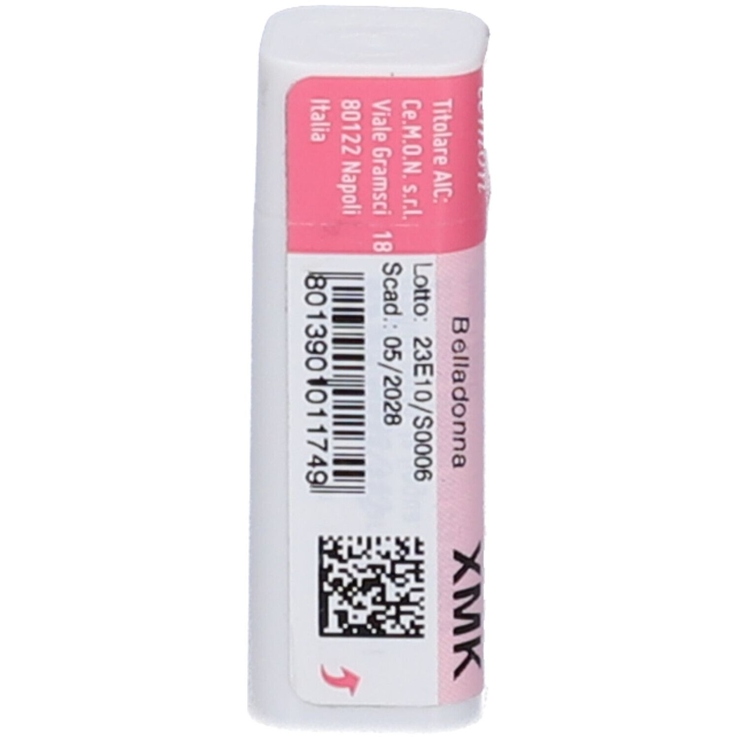 Confezione cilindrica bianca con etichetta rosa. Scritte: BELLADONNA dynamis XMK. Nome del prodotto visibile.