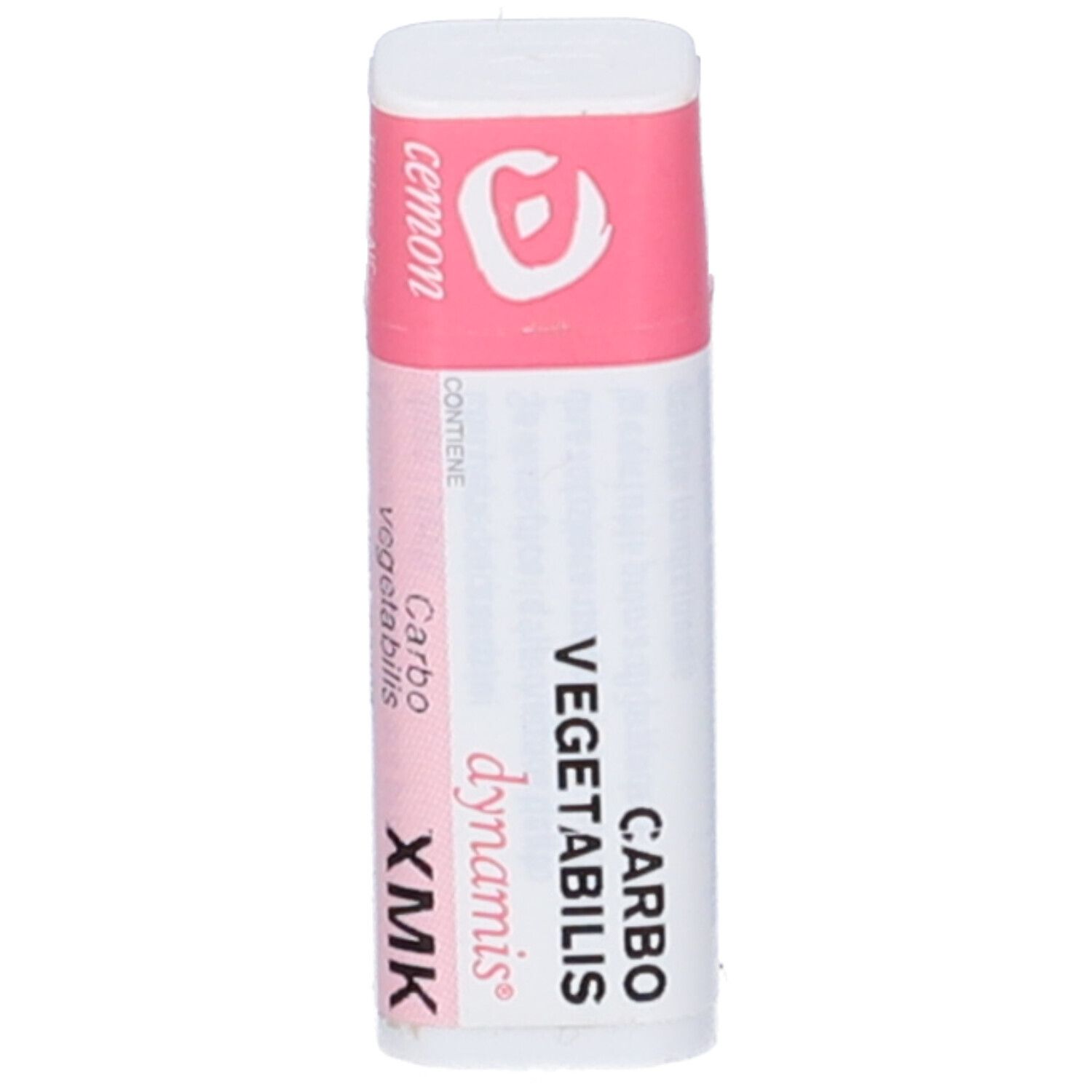 Confezione cilindrica bianca con etichetta rosa. Scritte: Carbo Vegetabilis XMK, dynamis, cemon.