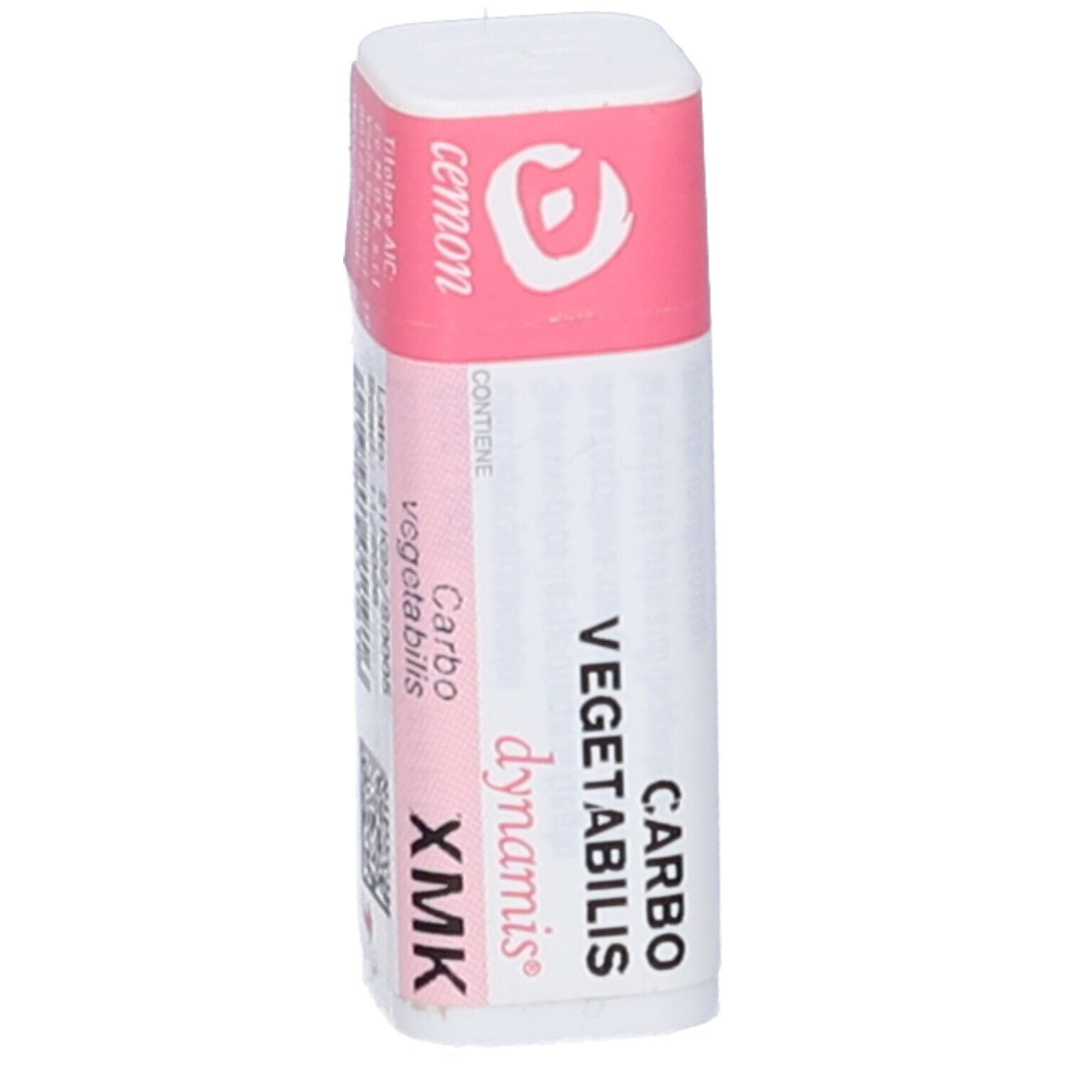 Confezione cilindrica bianca con etichetta rosa. Scritte: Carbo Vegetabilis XMK, dynamis, cemon.