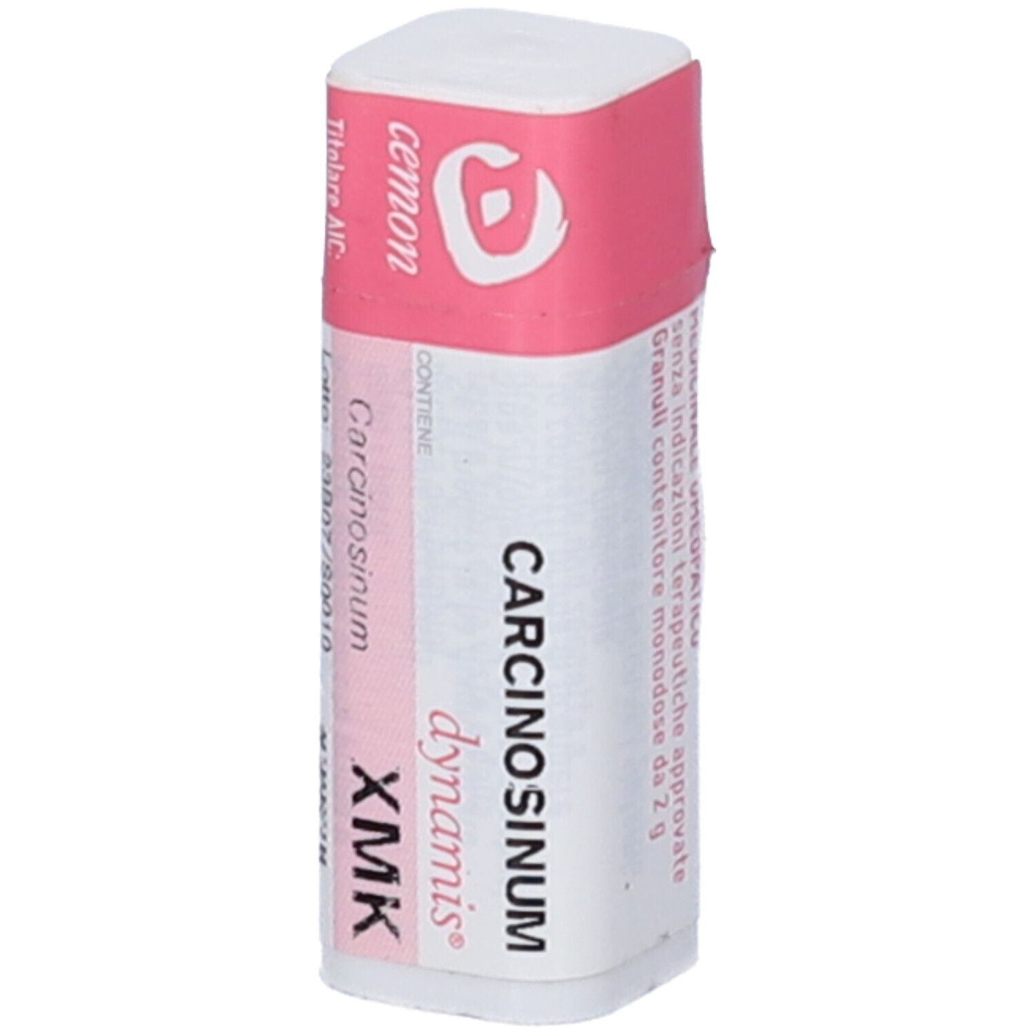 Confezione cilindrica con etichetta rosa. Scritta: Carcinosinum XMK, dynamis, cemon. Contiene granuli.