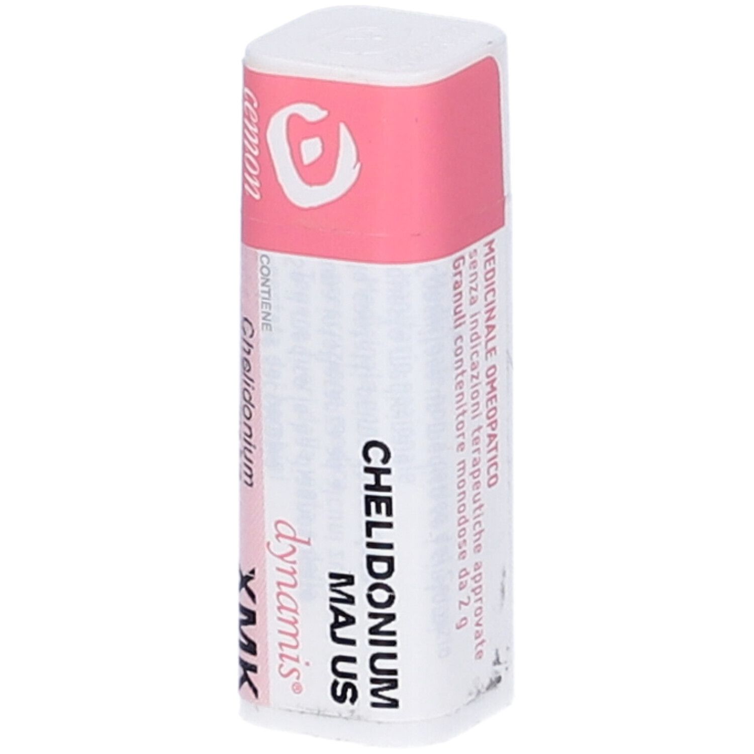 Confezione rettangolare con etichetta rosa. Scritta: cemon, Chelidonium majus, Xmk. In alto: Logo.