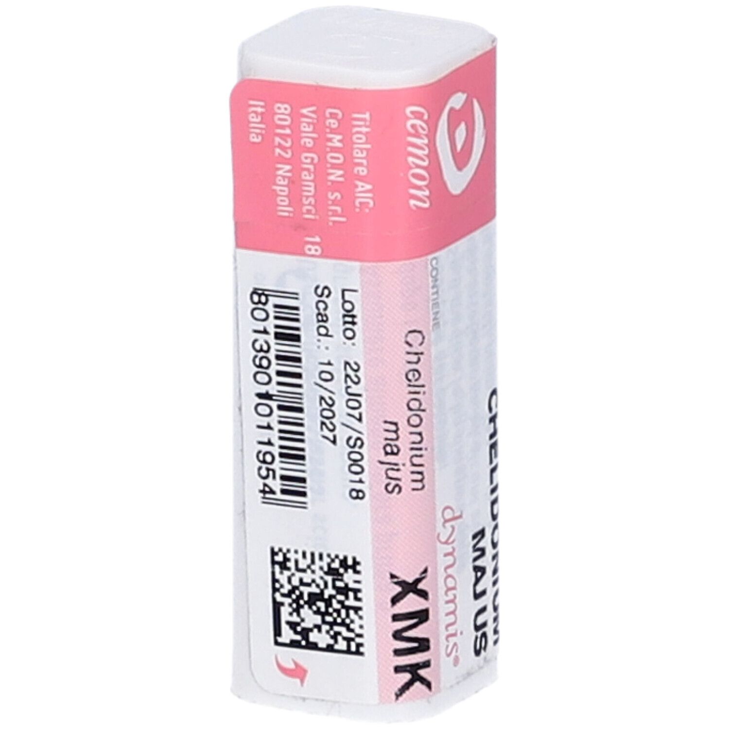 Confezione rettangolare con etichetta rosa. Scritta: cemon, Chelidonium majus, Xmk. Con codice QR e numero di lotto.