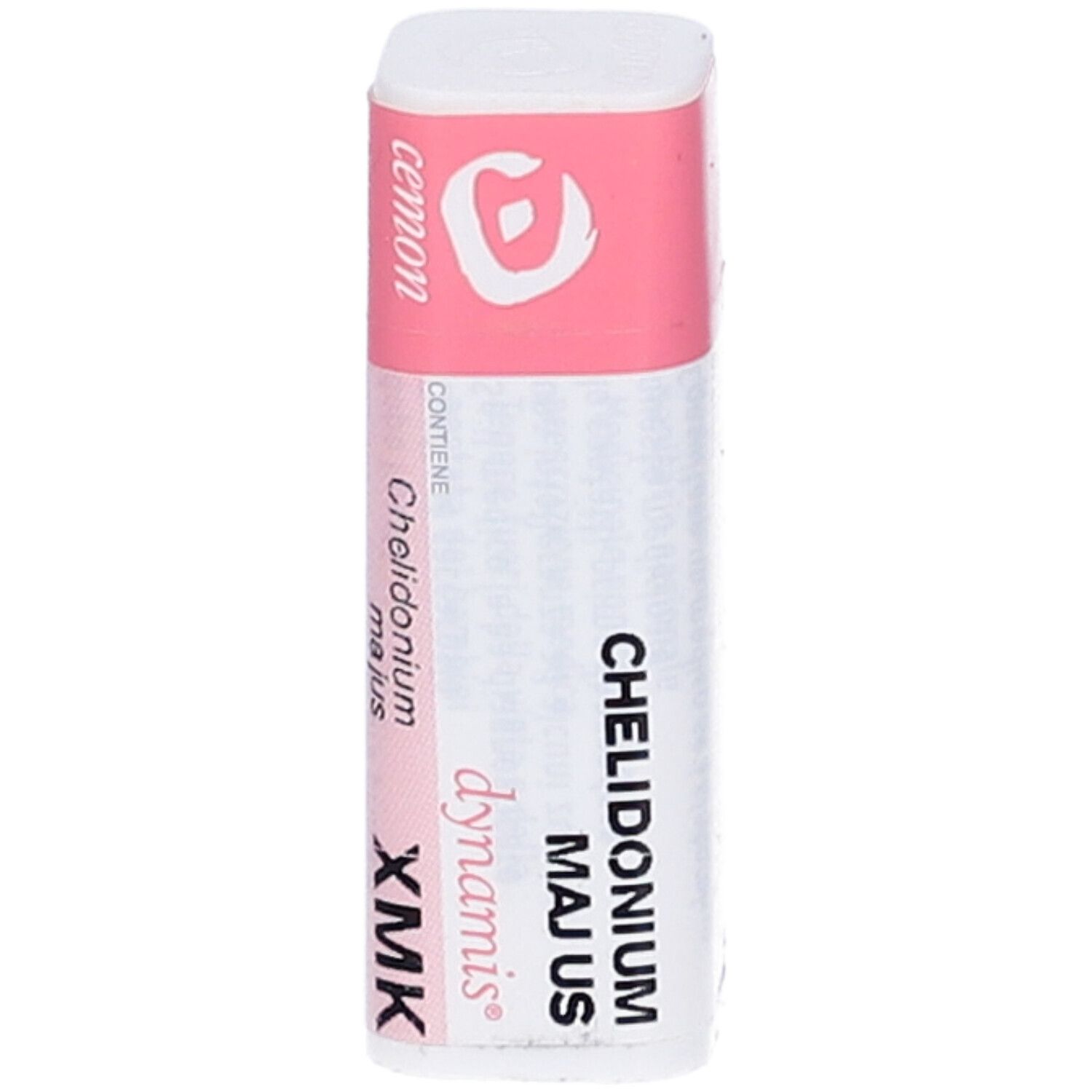 Confezione cilindrica con etichetta rosa. Scritta: cemon, Chelidonium majus Xmk Gl, dynamis.