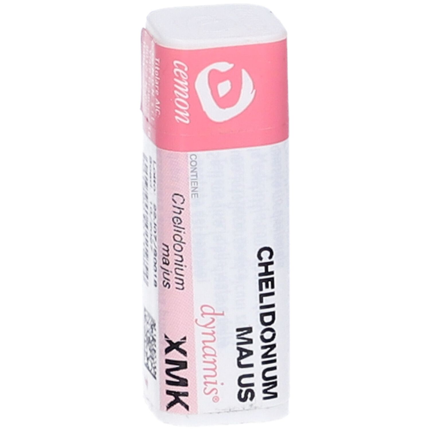 Confezione cilindrica con etichetta rosa. Scritta: cemon, Chelidonium majus Xmk Gl, dynamis. Con codice QR.