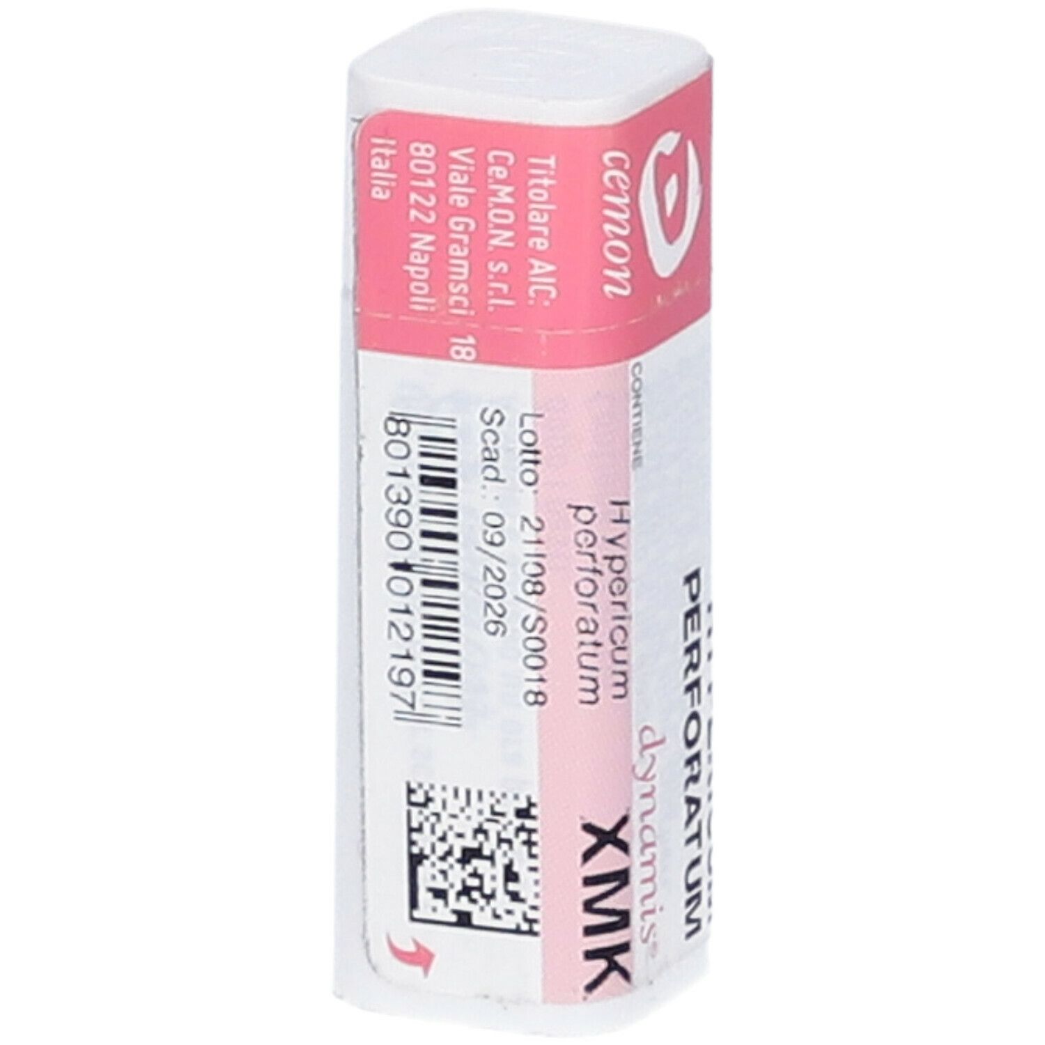 Confezione cilindrica con etichetta rosa e bianca. Scritte: cemon, Hypericum perforatum XMK, dynamis. Con codice a barre.