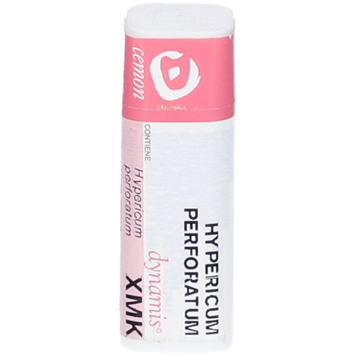 Confezione cilindrica con etichetta rosa e bianca. Scritte: cemon, Hypericum perforatum XMK, dynamis.