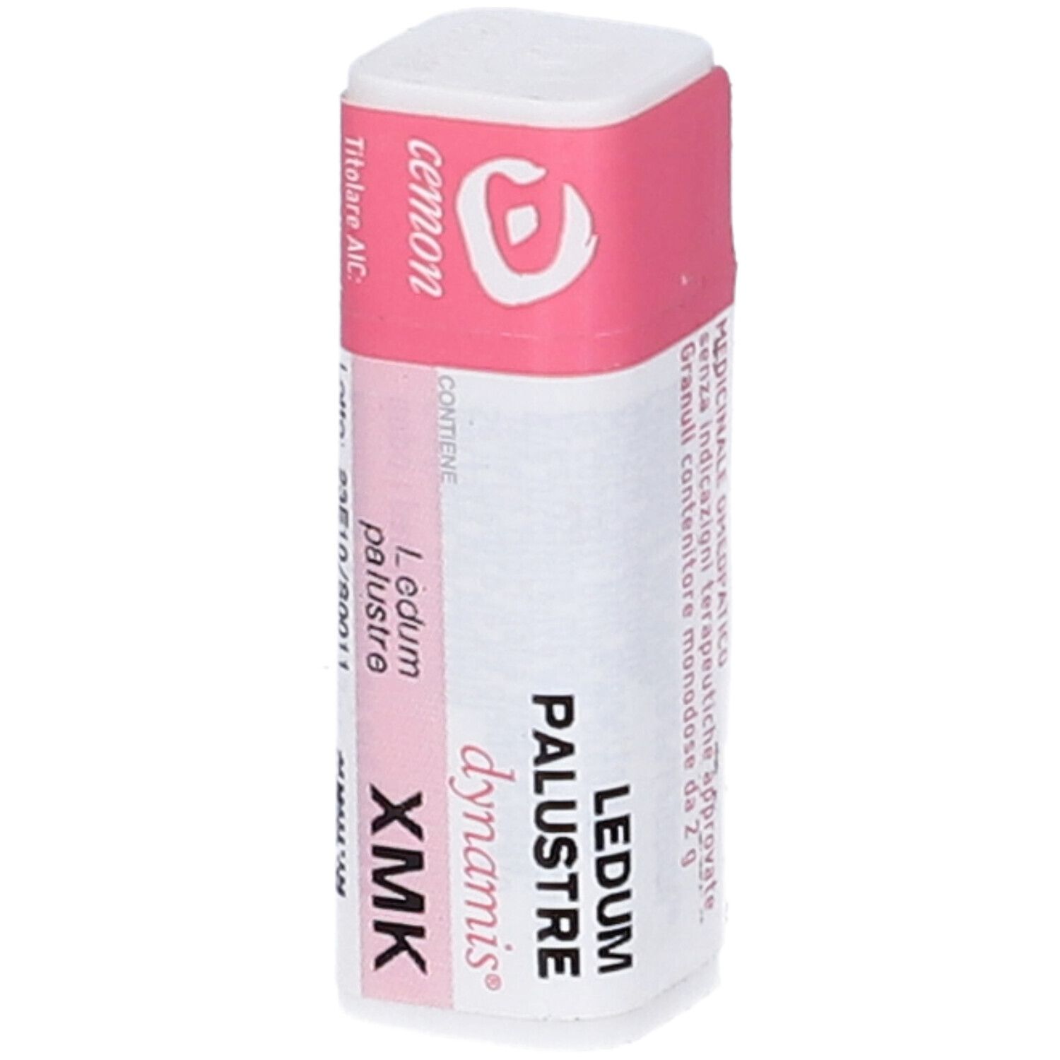 Confezione rettangolare con etichetta rosa. Scritte: Ledum Palustre XMK, cemon, dynamis.