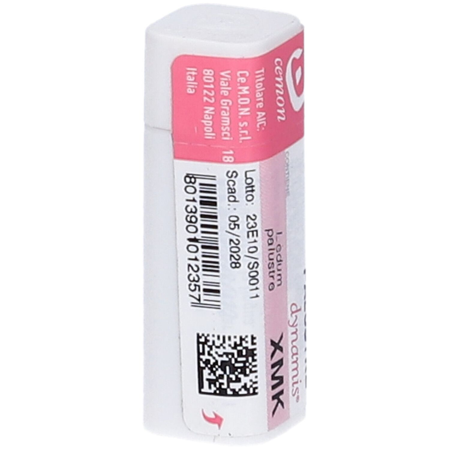 Confezione rettangolare con etichetta rosa. Scritte: Ledum Palustre XMK, cemon, dynamis, codice a barre.