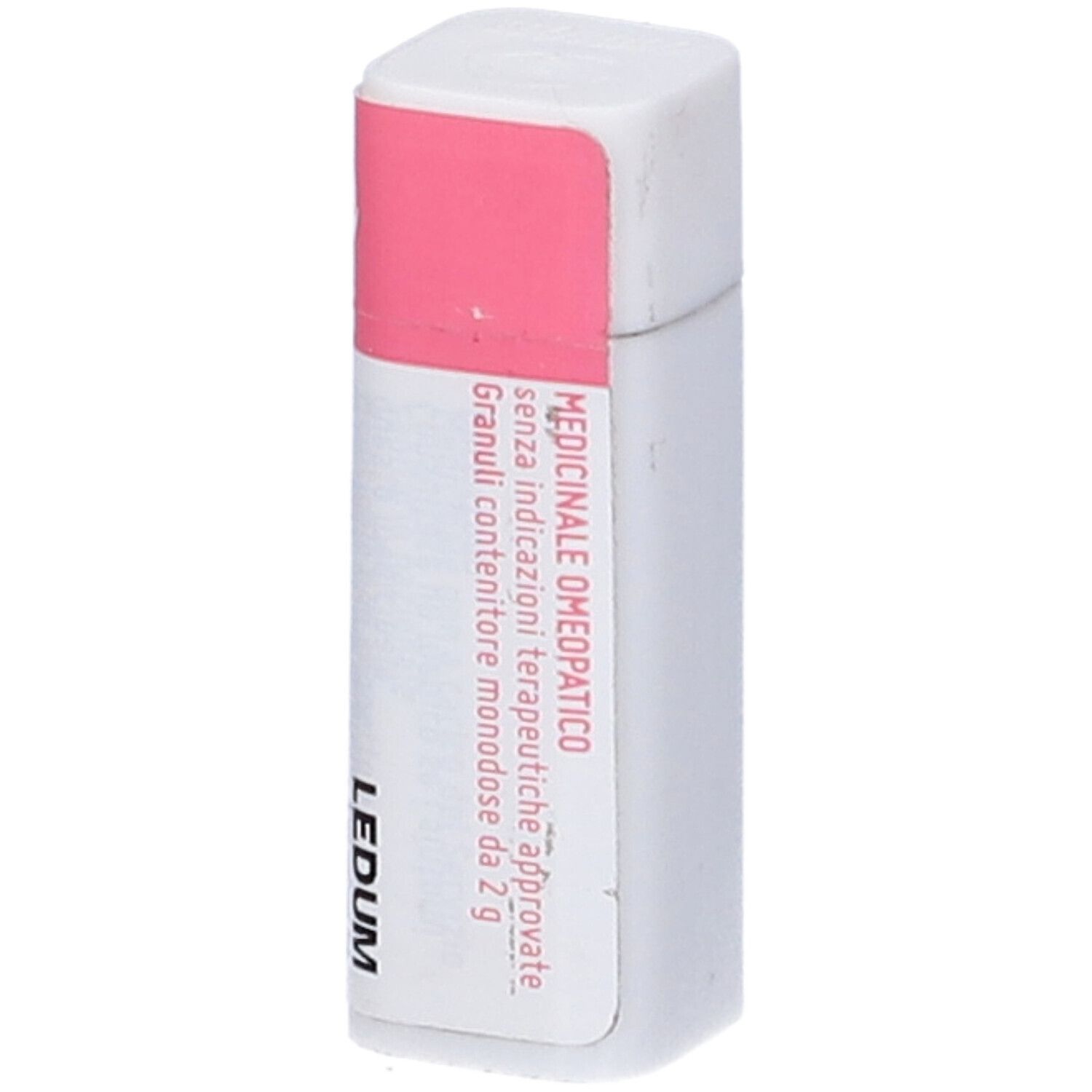 Confezione rettangolare con etichetta rosa. Scritte: LEDUM, Medicinale, senza indicazioni.